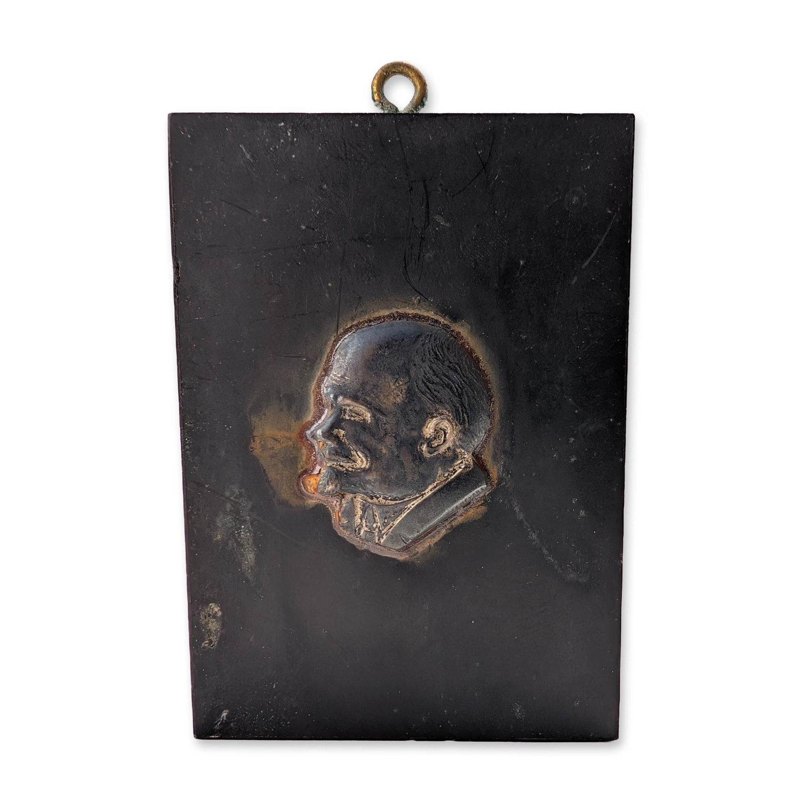 Rare Cold War J.A. Meyers Silvered Low-Alloy Miniature Lenin Wall Plaque Relief: Vladimir Ilyich Lenin (Left Profile Portrait). Stamped J.A. Meyers (J.A. Meyers & Co., Los Angeles, California) directly beneath the collar line edge. An exceptionally scarce and unusual piece of