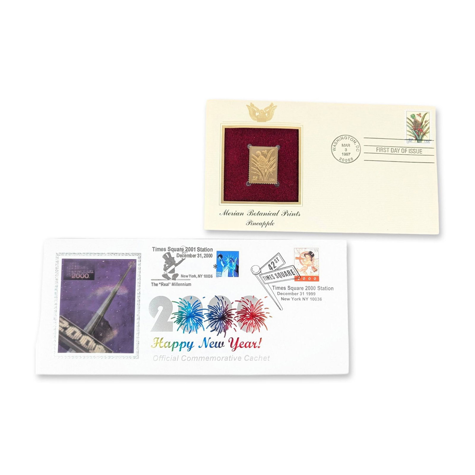 2pc US 1997/2000 Commemorative Philatelic Covers: Two US philatelic commemorative covers. The first is a Postal Commemorative Society First Day Cover featuring a 22kt gold replica of the Merian Botanical Prints Pineapple stamp, with a 32-cent Scott