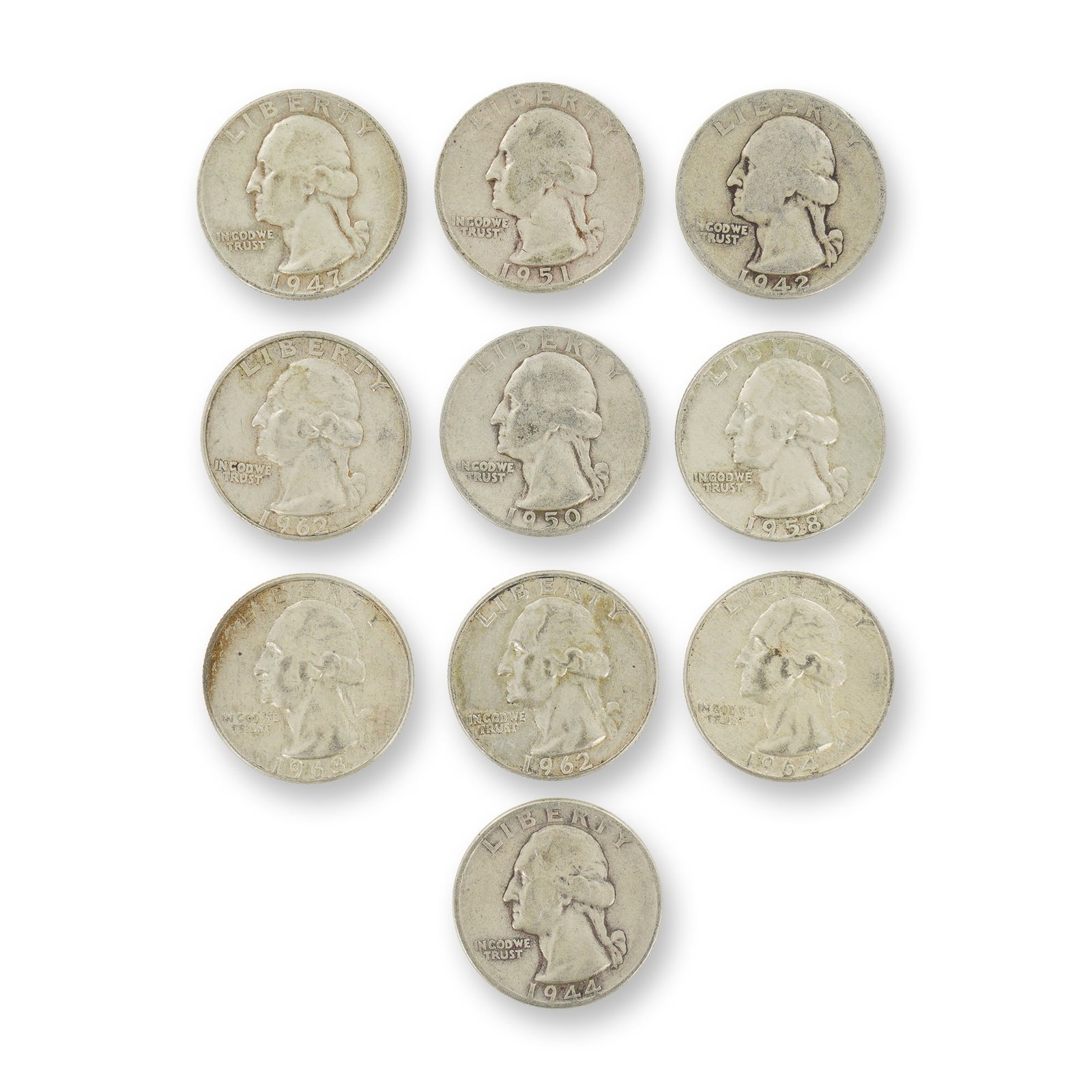 10pc Collection of US Silver Washington Quarters, 1942-1964: This group consists of US Washington quarter dollars, struck in 90% silver and 10% copper. The assortment features mixed dates ranging from 1942 to 1964, specifically 1942, 1944, 1947, 1950, 1951,