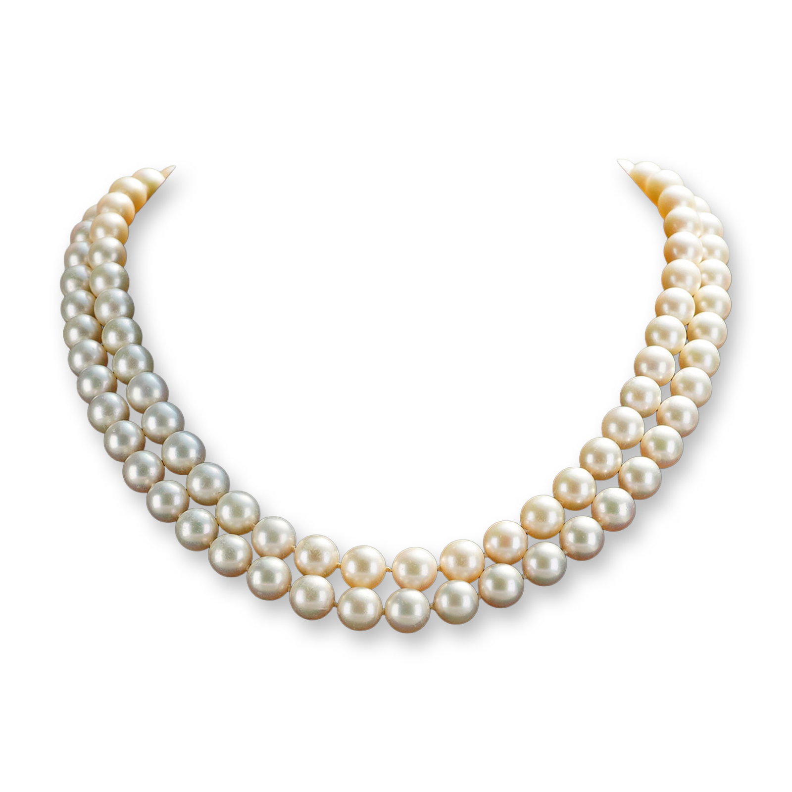 14K Yellow Gold Diamond Pearl Necklace: Exquisite double strand pearl necklace with geometric 14K gold clasp with diamond accents. Marked "DB" and "14K". Comes with a storage case from Carroll's Certified Gemologist American Gem Society Cor