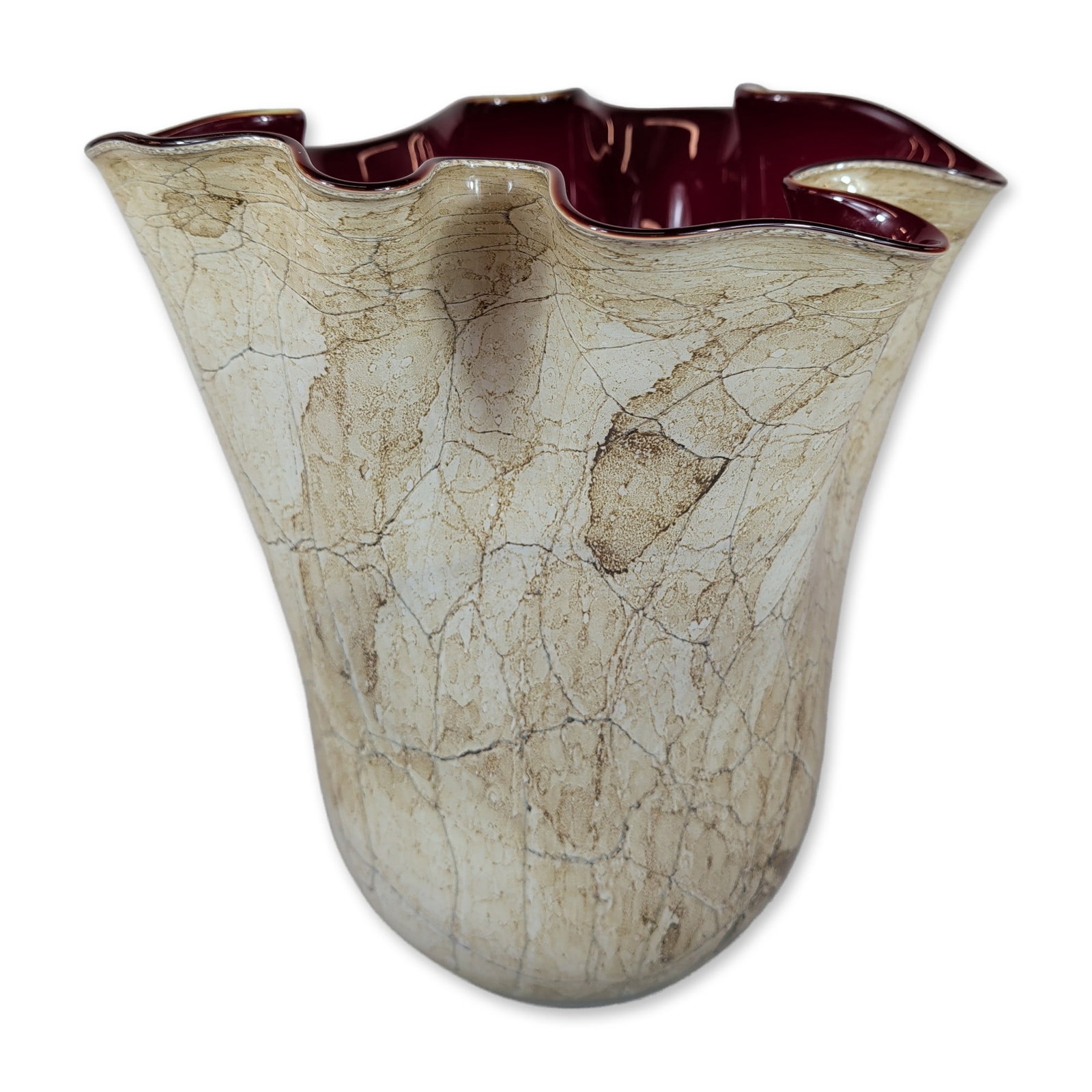 Art Glass Studio Macchia Vase, Signed: Art glass Macchia series vase, featuring a hand-blown form with an undulating ruffled rim. The vessel is designed with a deep ruby red interior and a contrasting cream and tan marbled exterior. Incise