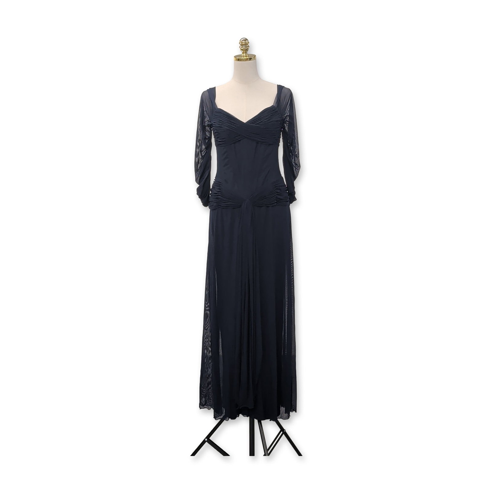 Vicky Tiel Couture Navy Blue Mesh Ruched Evening Gown (1 of 8)