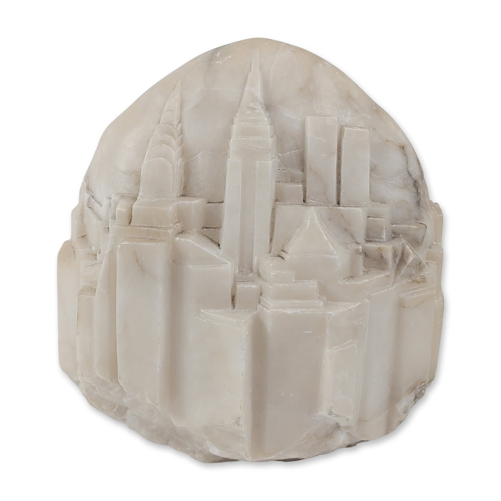 T. J. Martin NYC Marble Skyline Sculpture: T. J. Martin. Contemporary hand-carved marble sculpture depicting a stylized New York City skyline in relief, featuring the World Trade Center Twin Towers. The work is executed in a translucent creamy