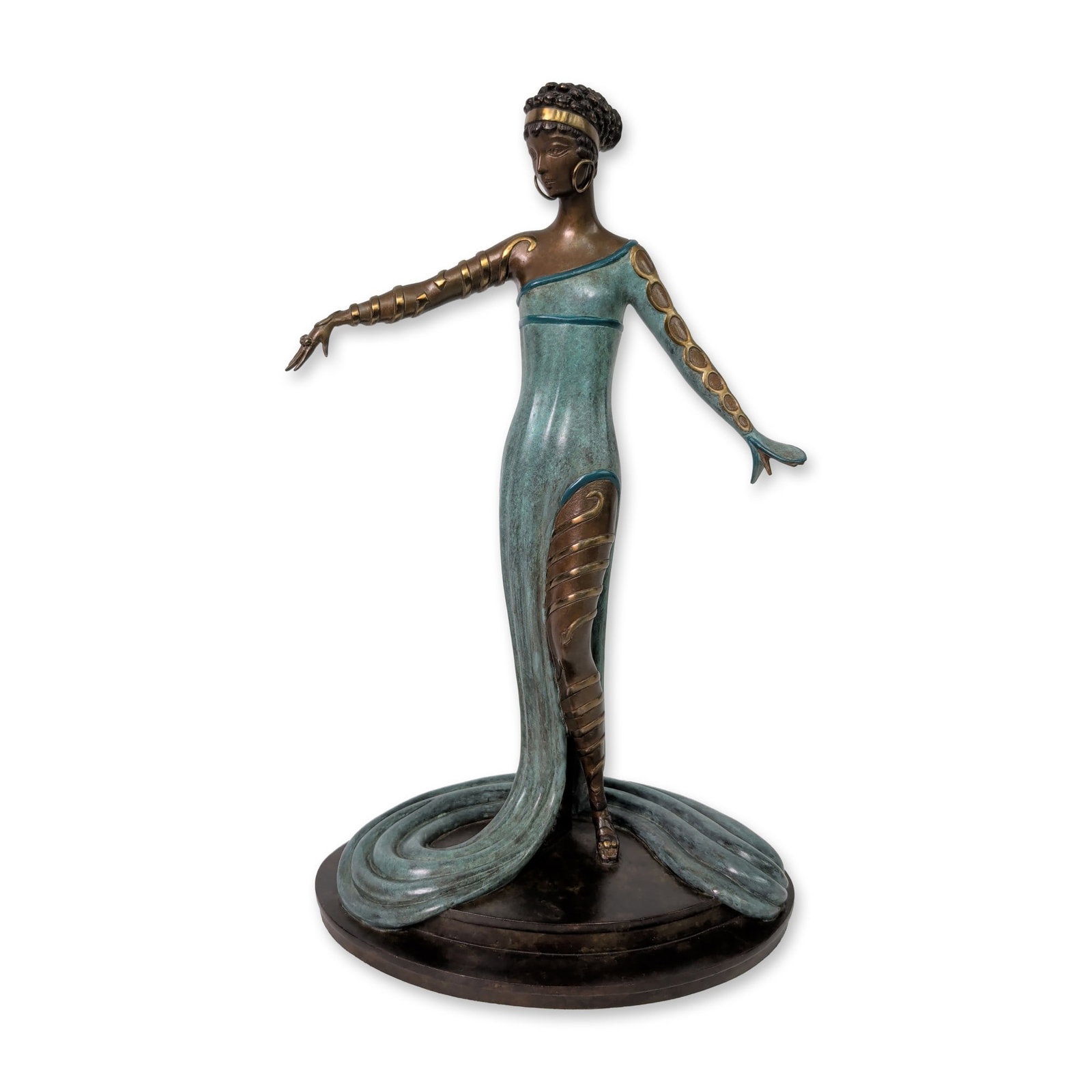 Erte (Russian/French, 1892-1990), Art Deco Bronze Sculpture, La Merveilleuse, Signed & Numbered: Erte (Russian-French, 1892-1990) Art Deco revival cold-painted and patinated bronze sculpture titled La Merveilleuse. The stylized female figure is depicted in a dynamic leaning pose with outstretched