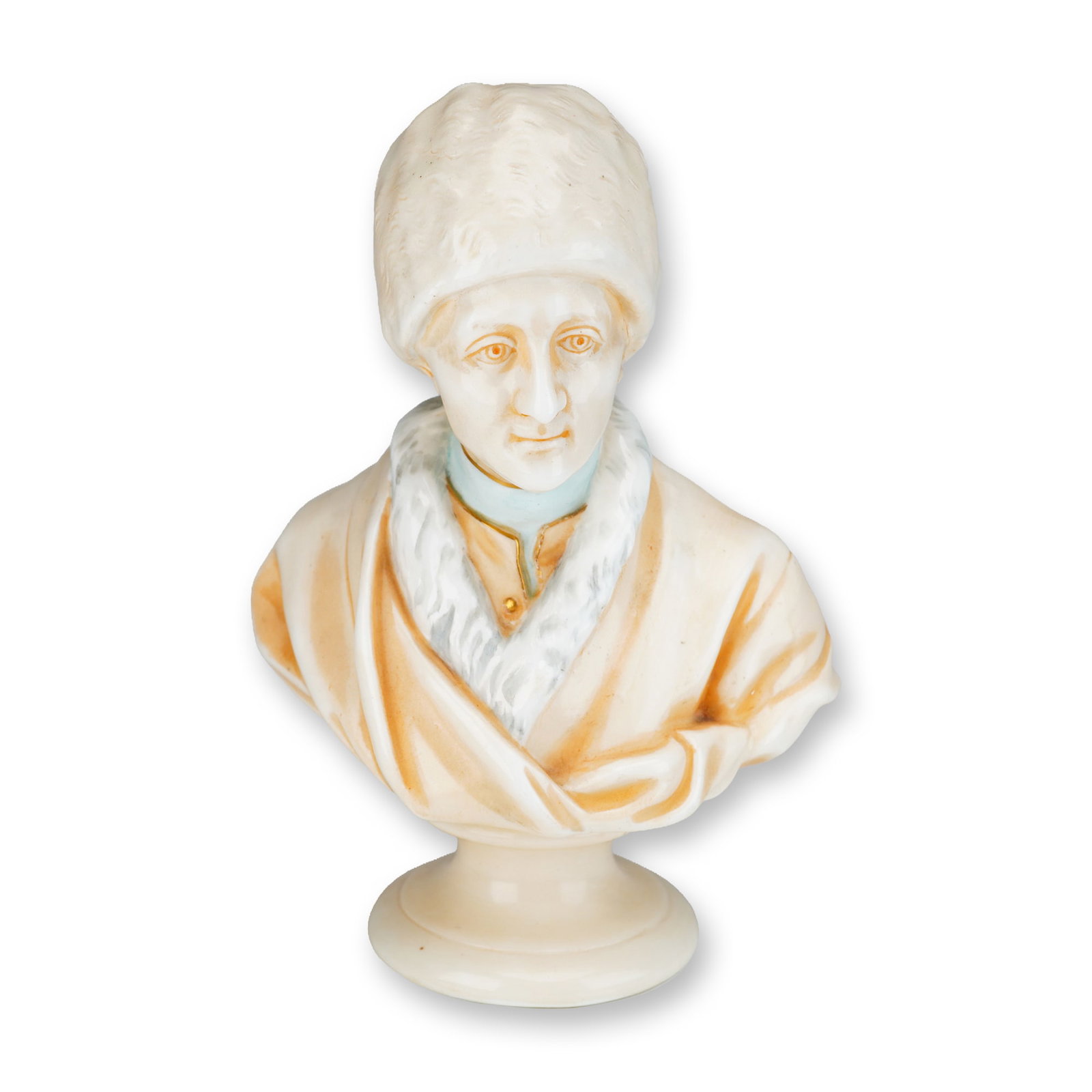 Wedgwood Small Polychrome Glazed Earthenware Bust of Jean-Jacques Rousseau: A polychrome glazed earthenware bust of the philosopher Jean-Jacques Rousseau (1712-1778), manufactured by Wedgwood. The figure is depicted wearing his signature Armenian-style fur cap and a fur-lined