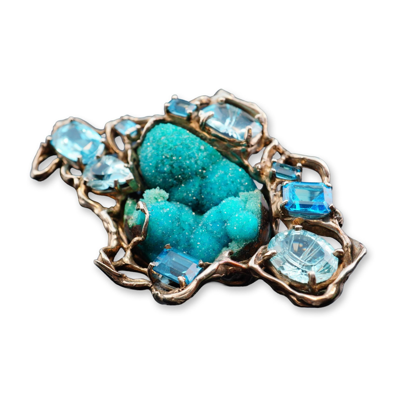 Brutalist Large Sterling Silver Pendant with Turquoise and Blue Topaz: Exceptional handcrafted free form pendant with a large turquoise stone in the center surrounded by nine blue topaz gemstones. Tested for sterling silver. Weight: 60.3g