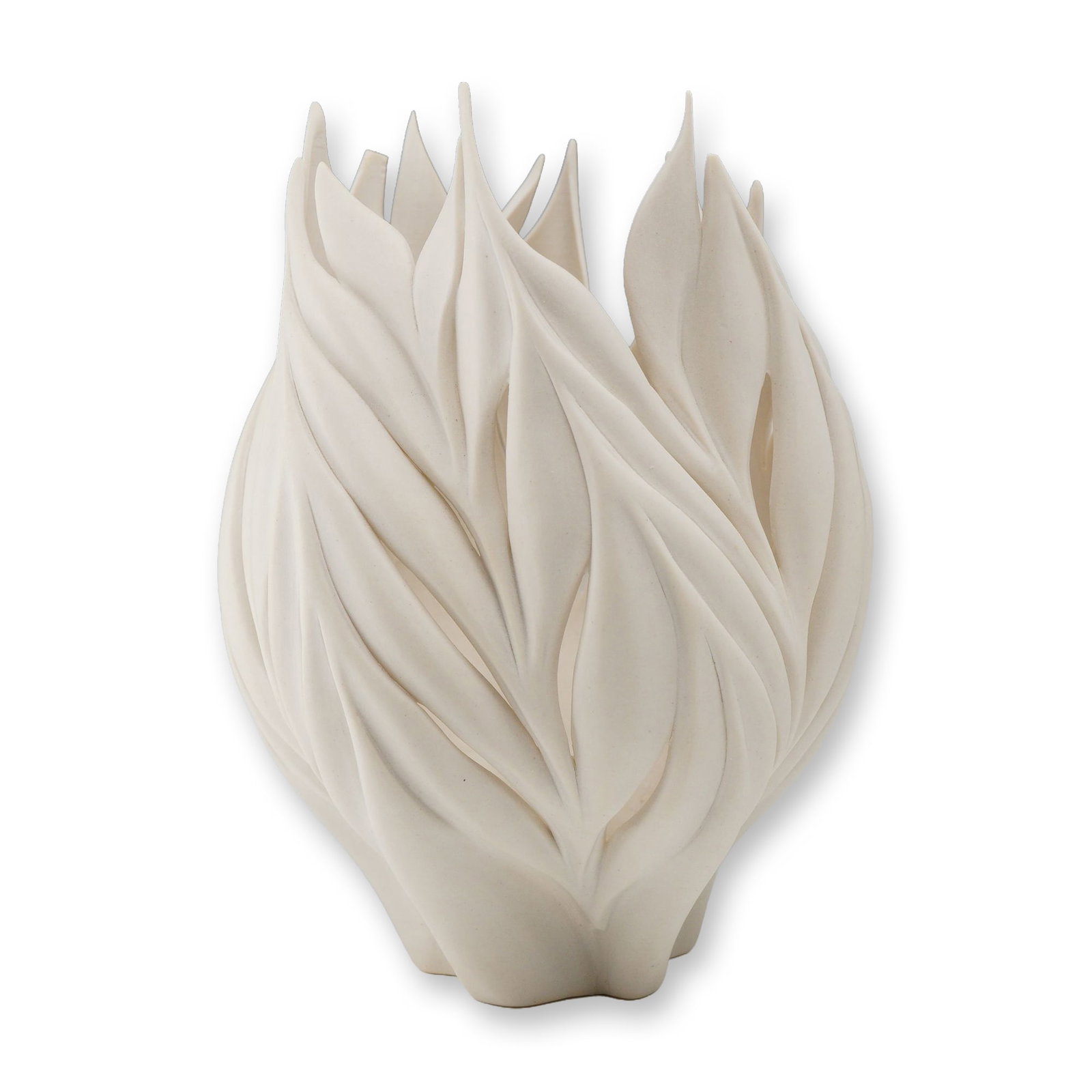 Jennifer McCurdy Carved Porcelain Sculptural Bowl: Jennifer McCurdy carved porcelain sculptural bowl. This contemporary studio ceramic vessel is crafted from fine white porcelain with an unglazed matte finish. The organic form features overlapping, up