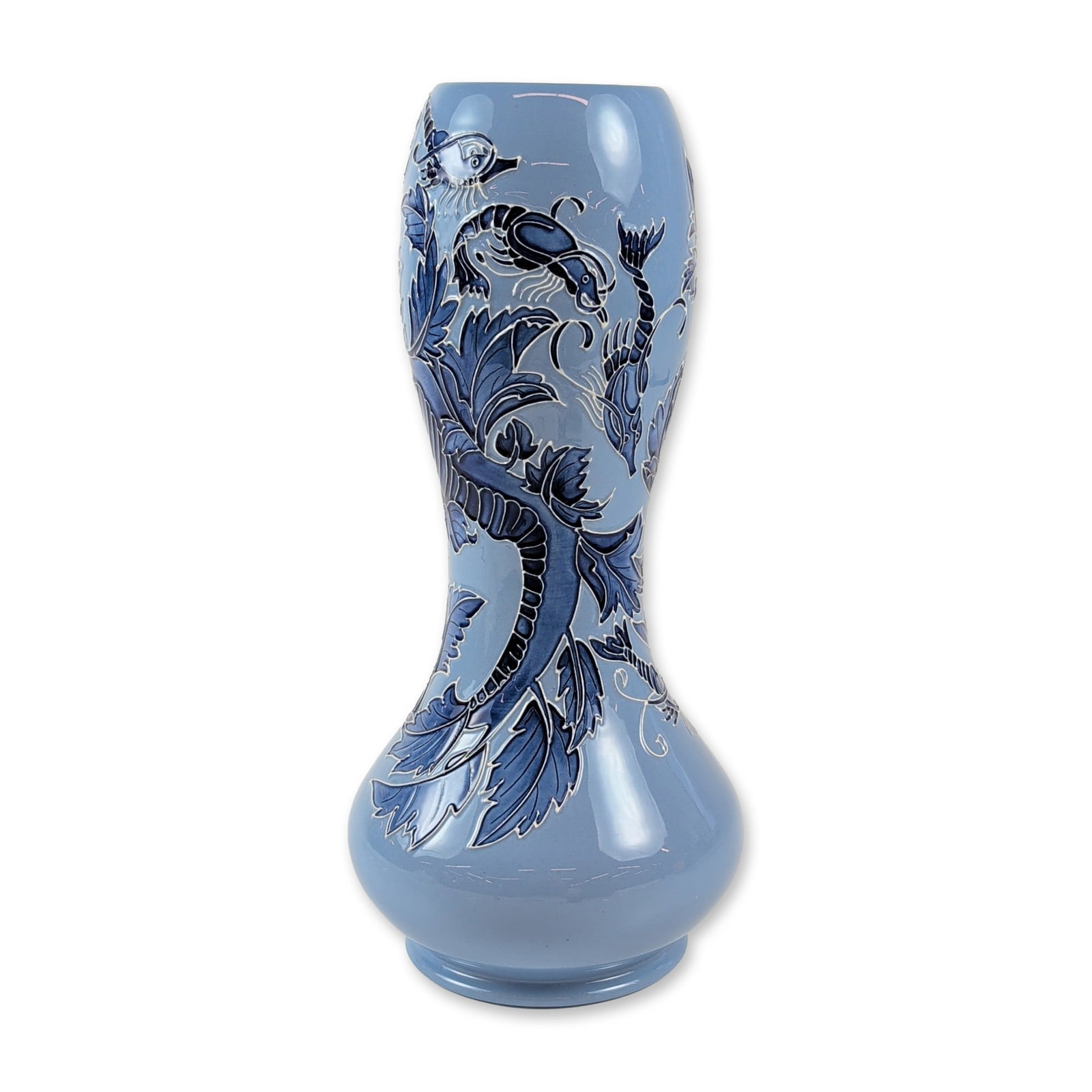 Moorcroft Pottery Leafy Sea Dragon Trial Vase: Moorcroft Pottery, Stoke-on-Trent, England, trial vase dated August 2024. Large ceramic vessel featuring tube-lined decoration of stylized leafy sea dragons, crustaceans, and fish among aquatic foliag