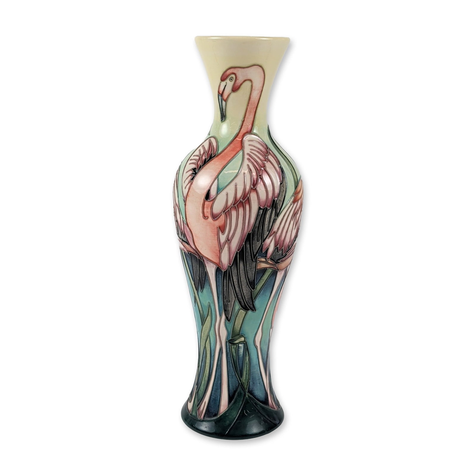 Moorcroft Everglades Flamingos Pottery Vase: Philip Gibson for Moorcroft. Tall earthenware vase in the Everglades Flamingos pattern, featuring tubelined and hand-painted decoration. The design depicts flamingos in shades of pink and salmon set a