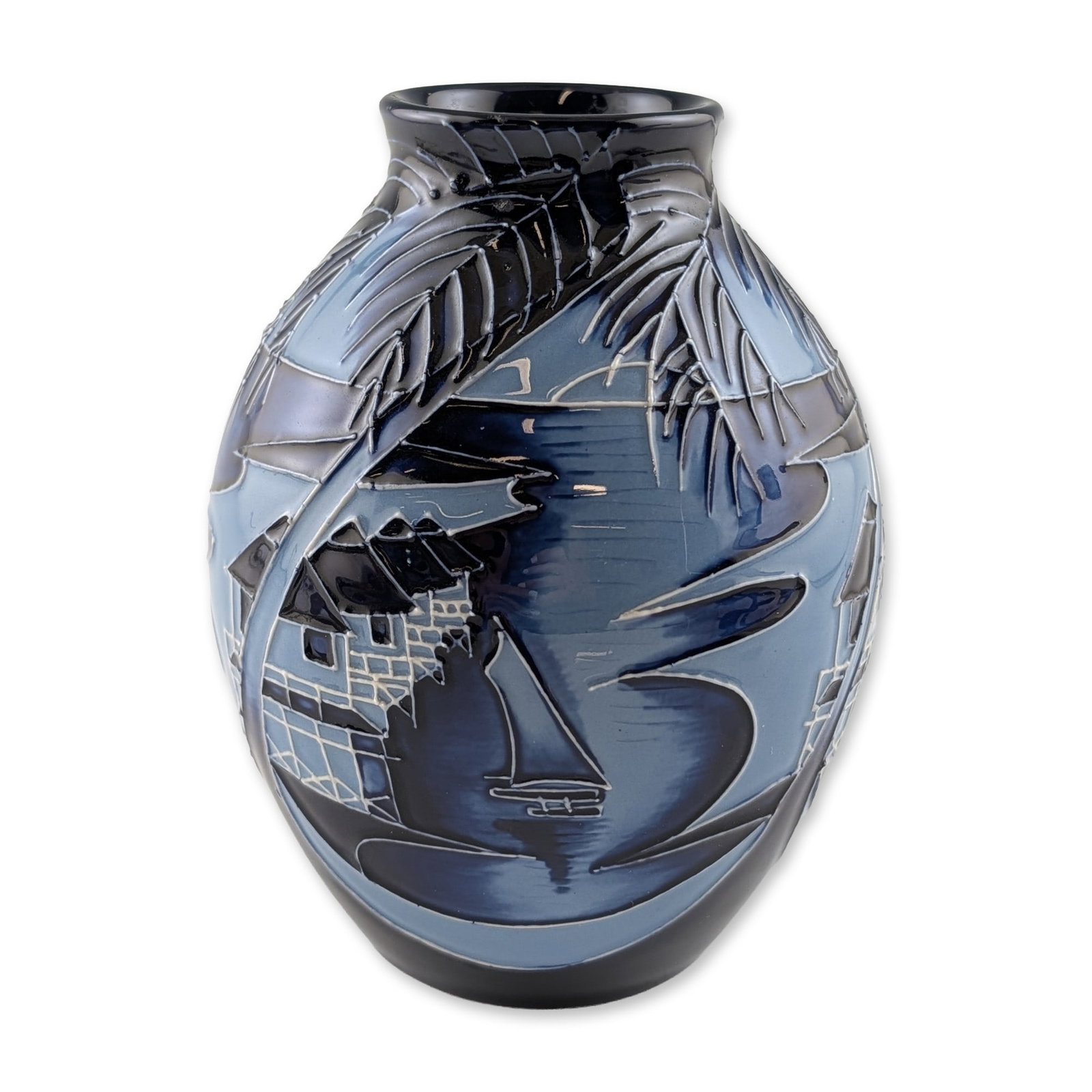 Moorcroft Paul Hilditch Blue Lagoon Pottery Vase, Signed Limited Edition: Moorcroft pottery ovoid-form vase with a short flared neck, decorated in the Blue Lagoon pattern designed by Paul Hilditch, circa 2010. The tubelined and hand-painted earthenware body features a coast