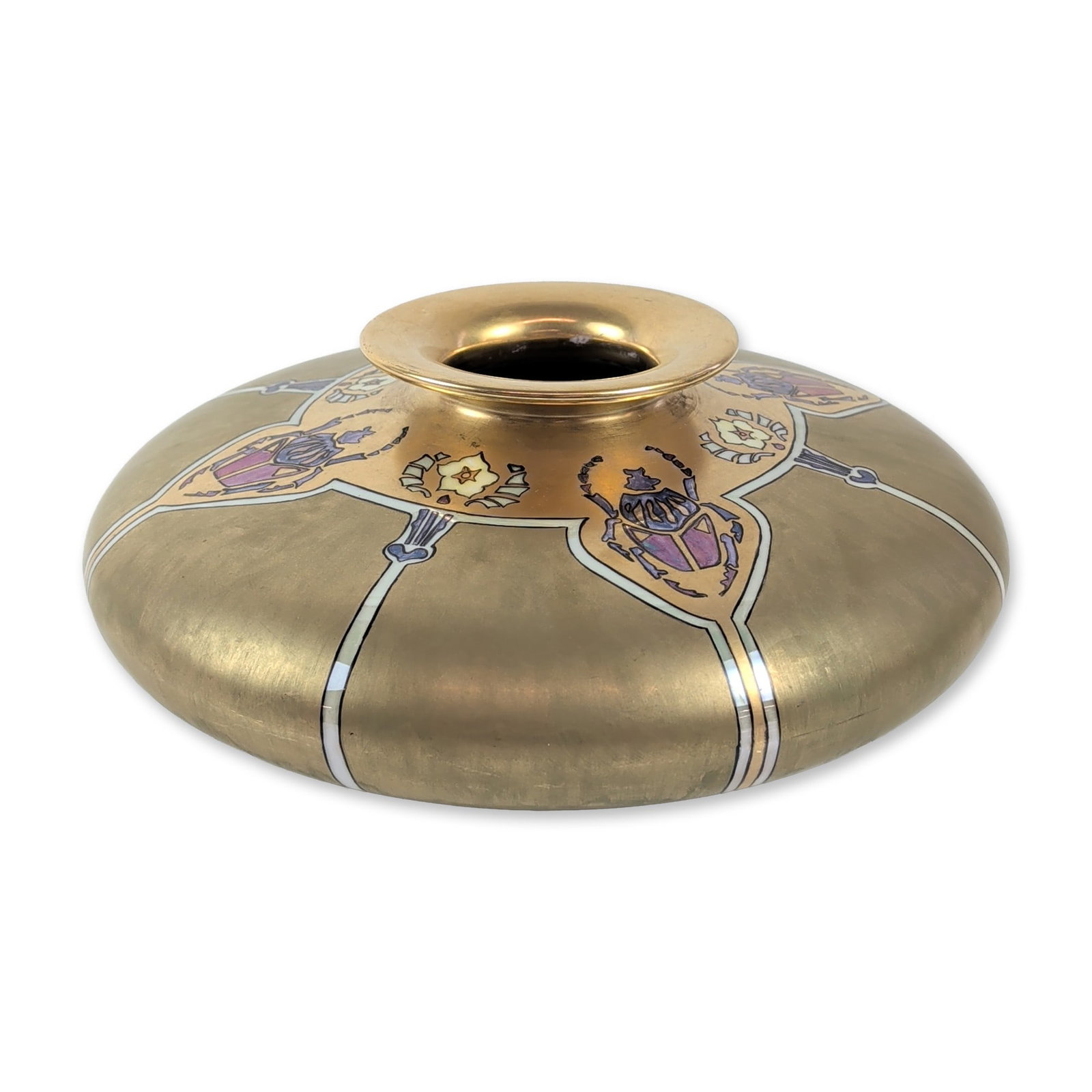 Art Nouveau Vienna Austria Gilt Porcelain Scarab Vase, Signed: Austrian Art Nouveau Secessionist period porcelain vase in a wide, low-profile pancake form with matte gold gilded surface and enamel decoration. The central motif features four stylized scarab beetle