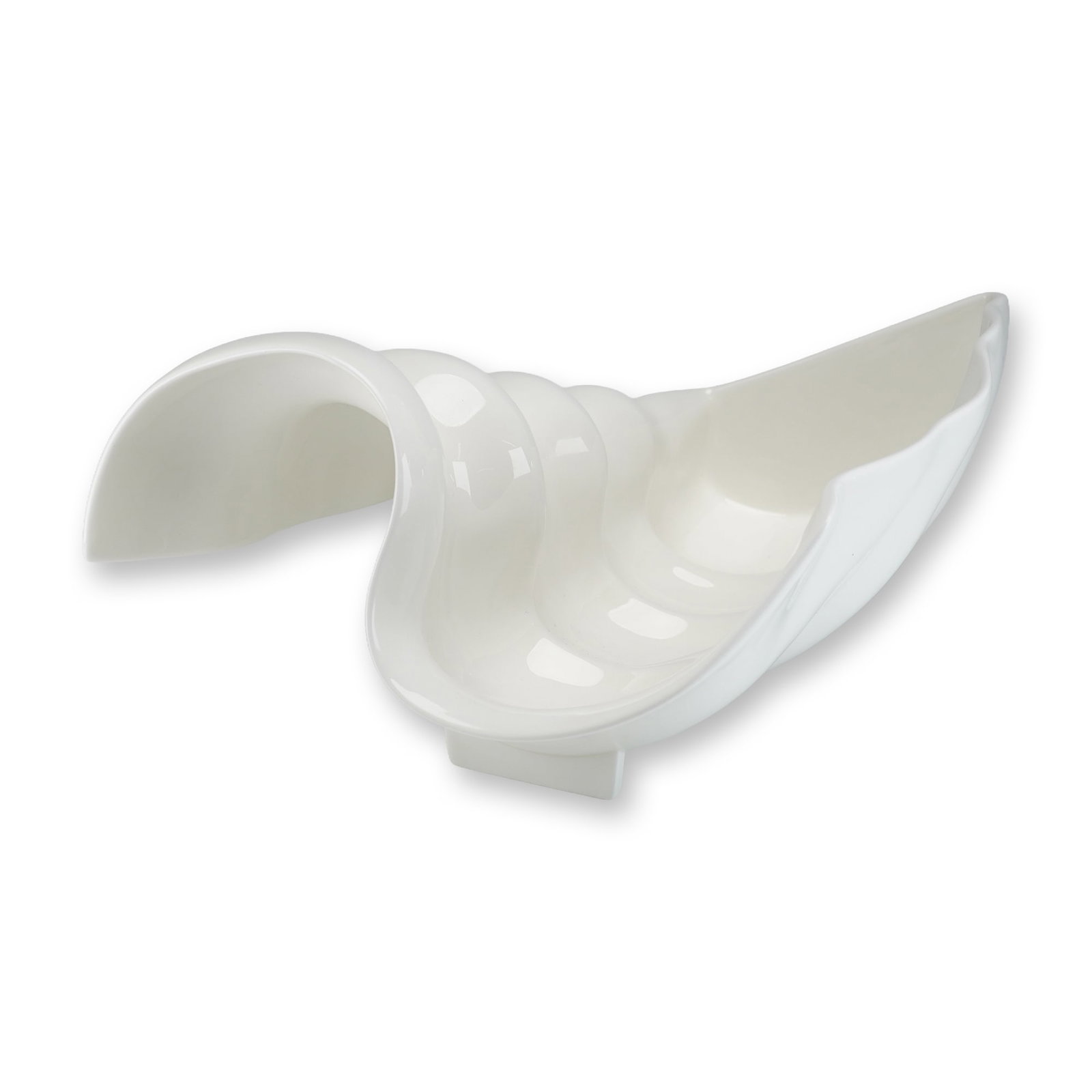 Wedgwood Limited Edition Bone China Pesaro Centerpiece Bowl: This sculptural white bone china centerpiece bowl, titled Pesaro, was manufactured by Wedgwood in England. The piece is part of the Nautilus collection and is a small-size reproduction of the winning 