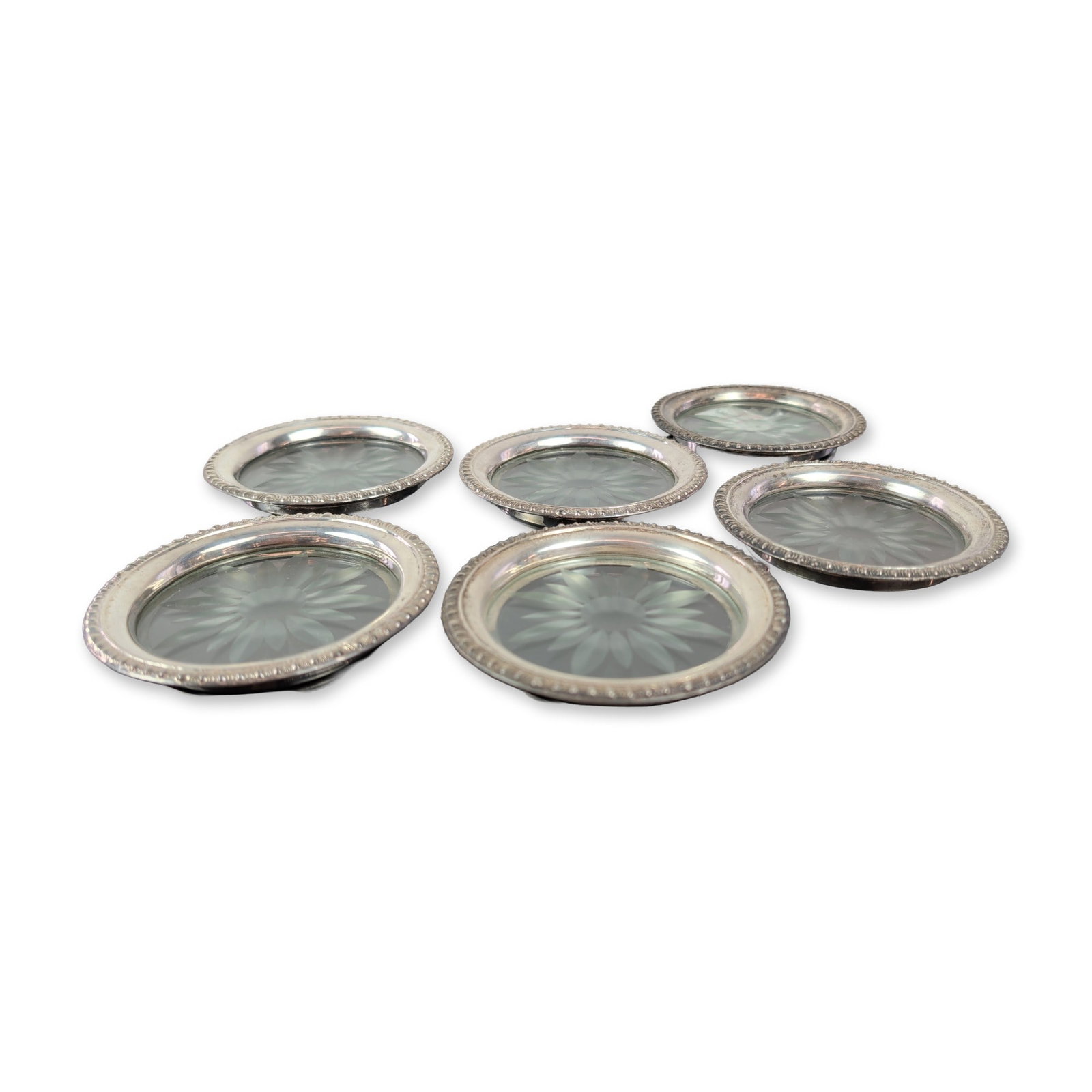 Set of Six Frank M. Whiting & Co. Sterling and Glass Coasters (1 of 3)