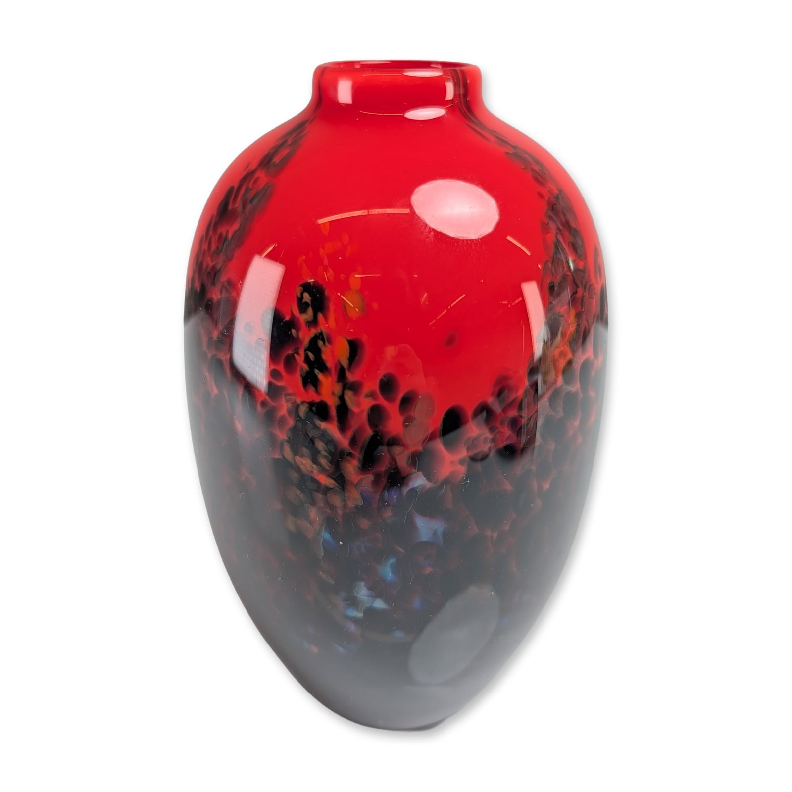 Hugh Jenkins and Stephanie Ross Hawaii Art Glass Vase: Hugh Jenkins and Stephanie Ross (American/Hawaii), hand-blown studio art glass vase of ovoid form. The vessel features an opaque red upper body transitioning into a mottled midsection of black and dee