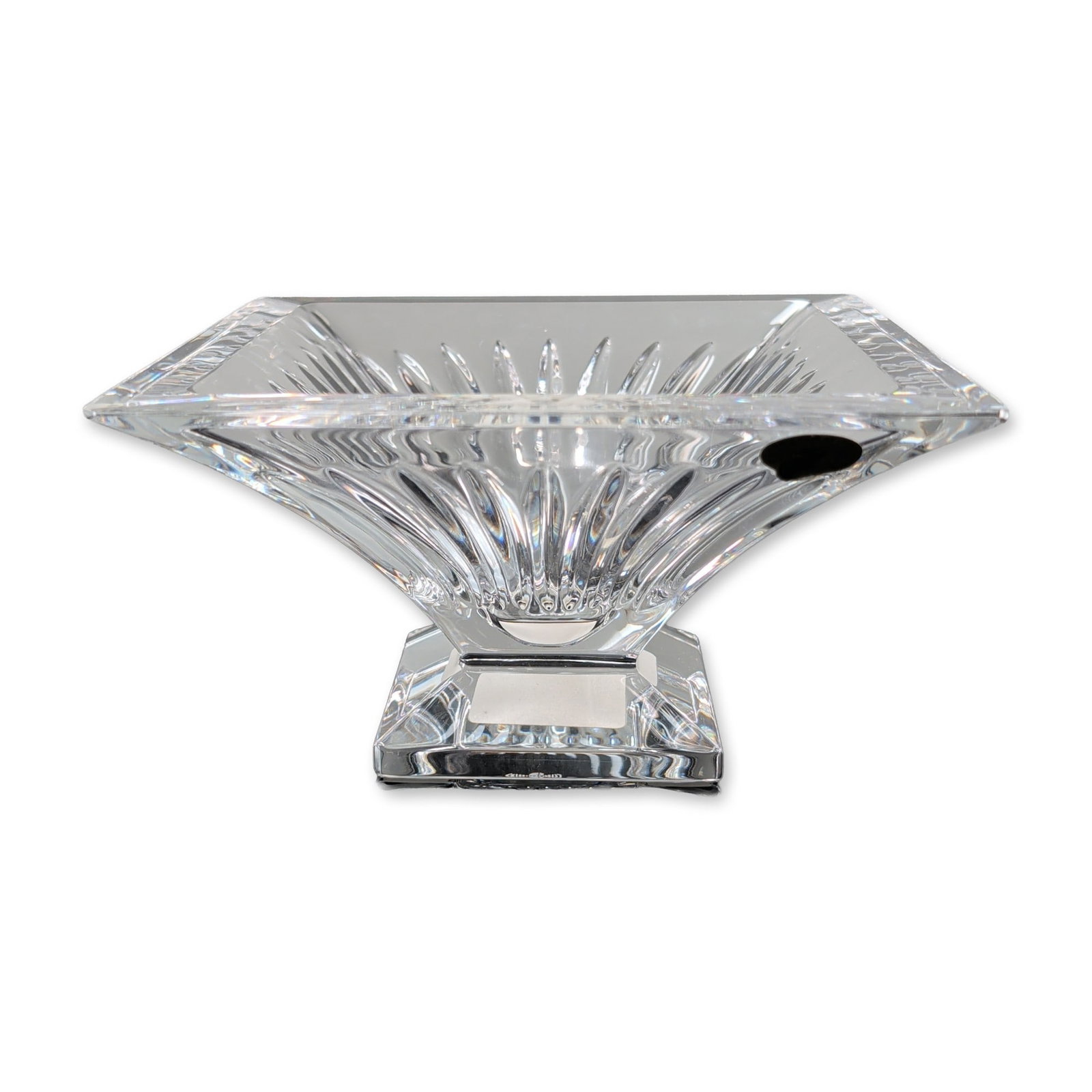 Waterford Clarion Lead Crystal Footed Bowl: Waterford lead crystal footed square bowl in the Clarion pattern, featuring deep radial wedge cuts extending from the center toward the corners and a coordinating square pedestal base. Marked with aci