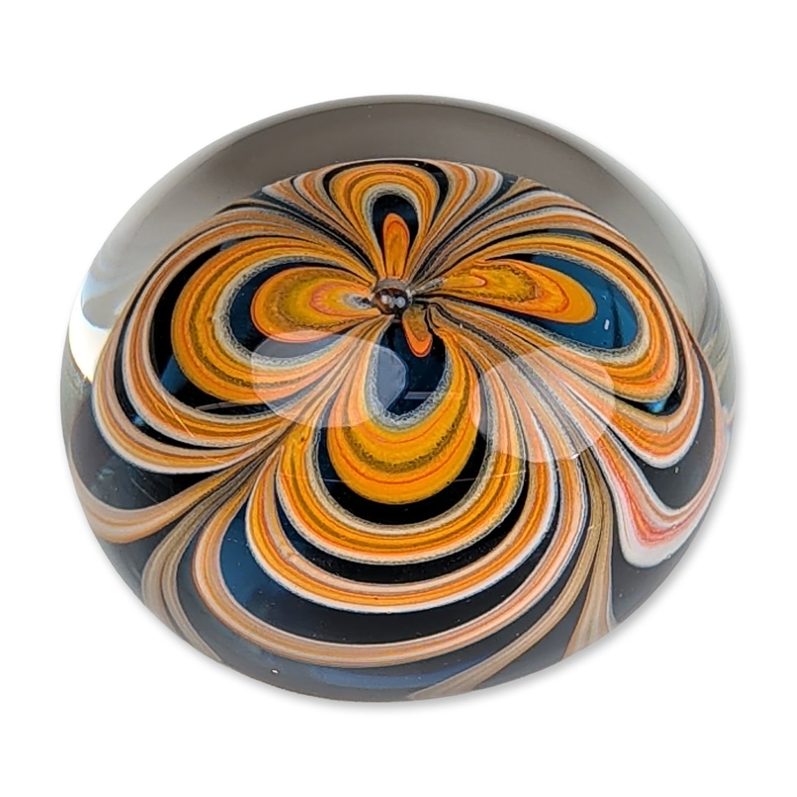 Dominick Labino Marbrie Art Glass Paperweight: Dominick Labino (American, 1910-1987). Studio art glass paperweight featuring an orange and white marbrie feathered-swirl pattern on a light blue cushion base, encased in a heavy clear glass dome. The