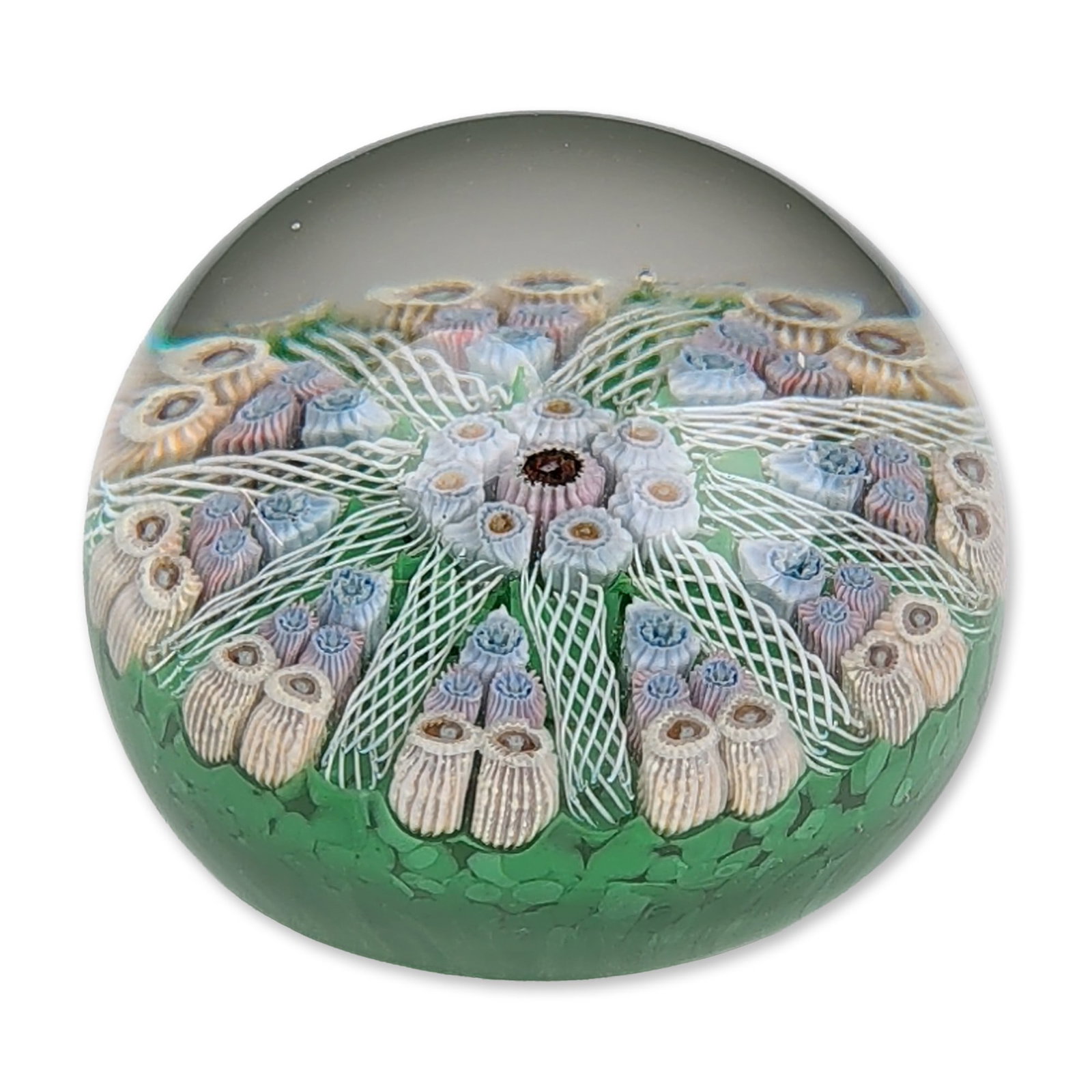 Strathearn Scotland Millefiori and Latticinio Glass Paperweight: Spoke-pattern paperweight in clear glass with eight radiating white latticinio twists over a green ground. A central cluster of pink and blue millefiori canes is surrounded by segments containing five