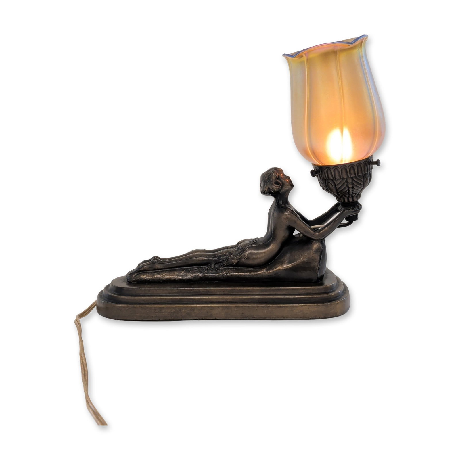 Chandler Art Deco Figural Bronzed Metal Table Lamp: Art Deco figural table lamp by Chandler featuring a cast metal base with a dark bronze-toned patina, sculpted as a nude female nymph in an arched pose. The figure is mounted on a tiered, elongated ova