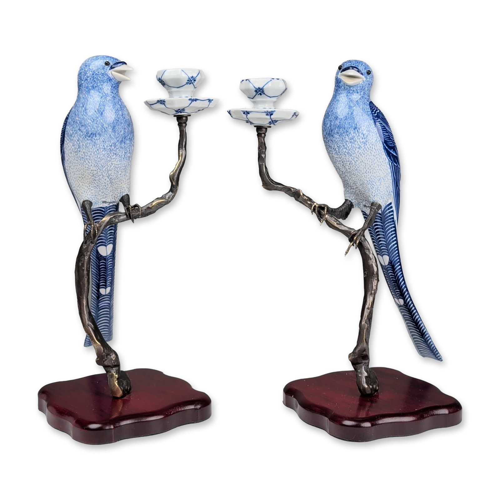 Pair of Italian Blue and White Porcelain Bird Candle Holders: Fitzgerald Mfg. Co., Torrington, CT, circa 1920s. Star Electric turnover or flopper style toaster in nickel-plated metal, featuring hinged bread trays with ornate scrollwork cutouts and star-patterned