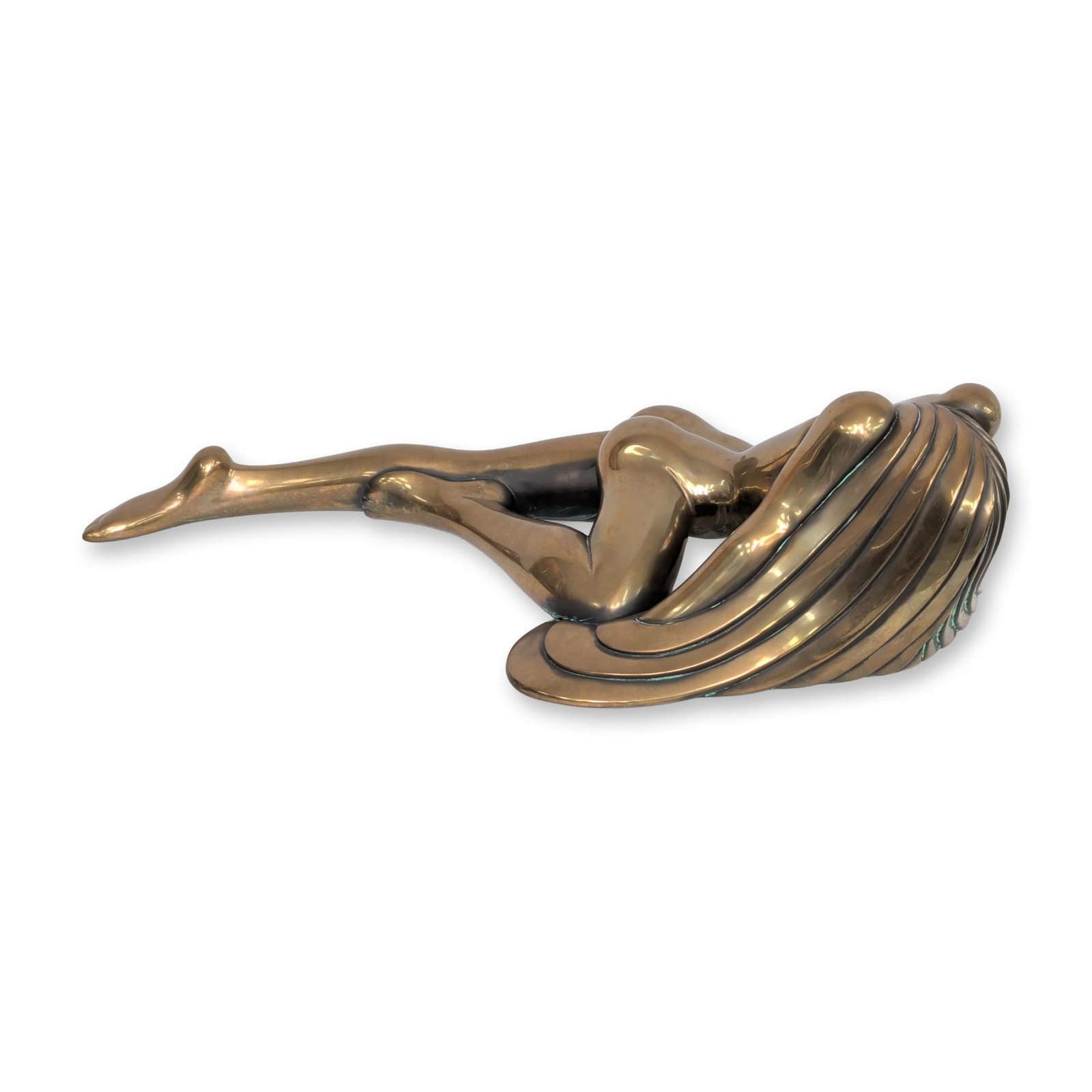 Female Bronze Sculpture: Reflection bronze sculpture, featuring a stylized female nude in a dynamic, crouching pose. The figure's elongated limbs and rhythmic, stepped hair form an integral base. A face with serene, closed ey