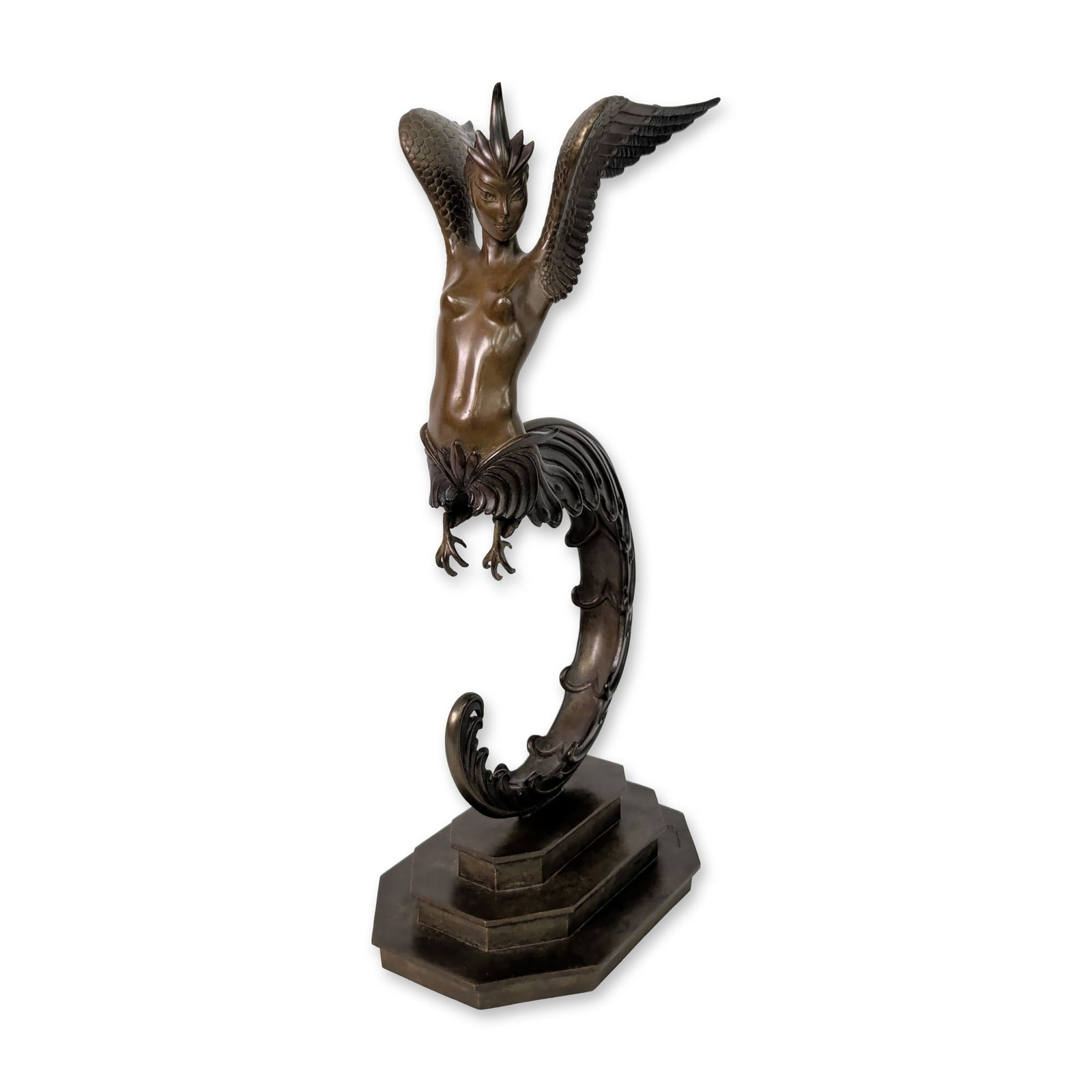 Erte (French/Russian, 1892-1990), Art Deco Bronze Sculpture, The Phoenix, Signed & Numbered: Erte Art Deco polychrome sculpture, titled Le Danseur, made with bronze-patinated material with gold-toned accents to the costume and headpiece. The male dancer is depicted in a dynamic leaning pose a