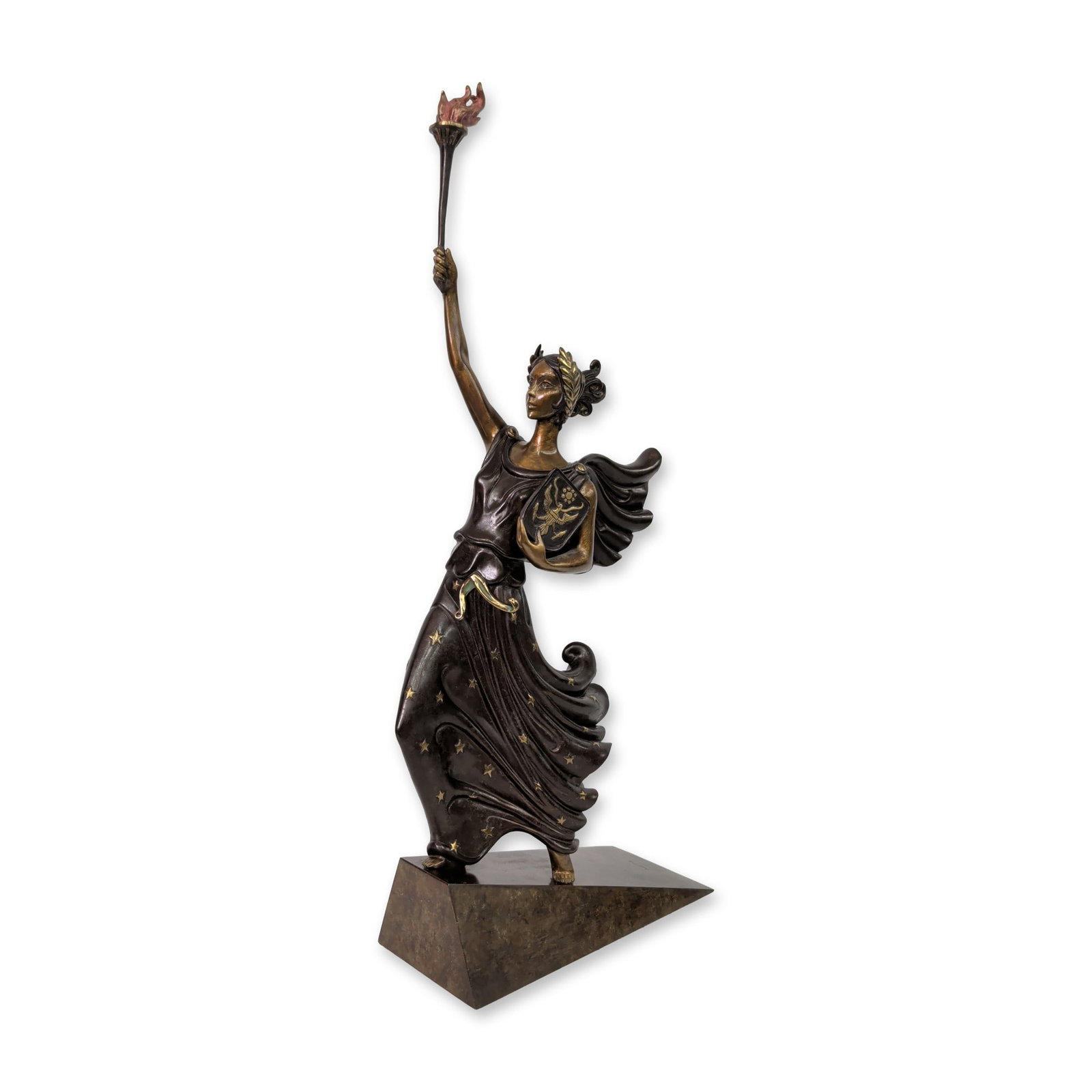 Erte (Russian/French, 1892-1990), Polychrome Bronze Sculpture, Liberty, Signed & Numbered: A large-scale Murano art glass sculpture by master glassblower Silvano Signoretto, executed in the triple sommerso technique. The piece features internal layers of deep amber, smokey amethyst, and eme