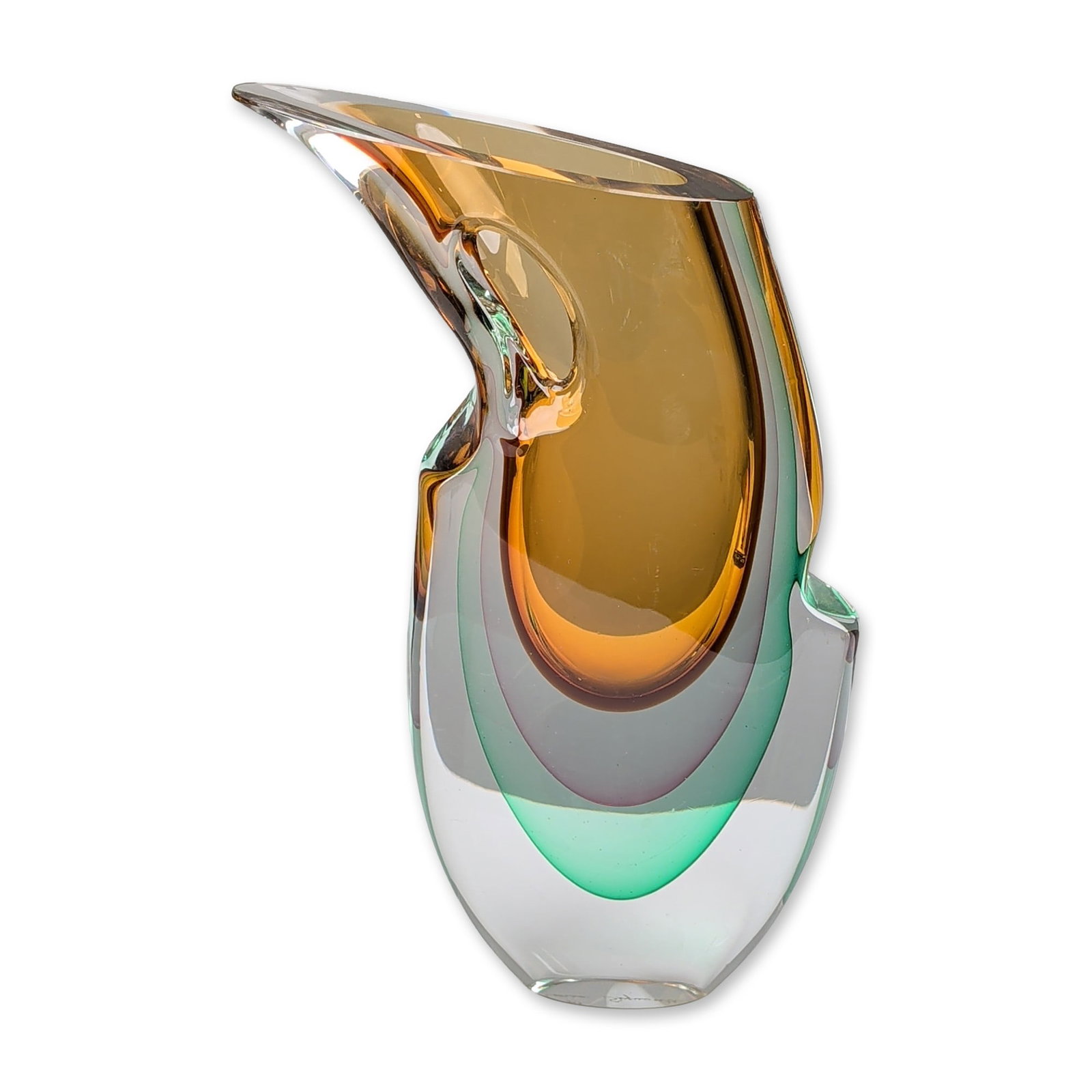 Silvano Signoretto Murano Sommerso Glass Biomorphic Sculpture: A large-scale Murano art glass sculpture by master glassblower Silvano Signoretto, executed in the triple sommerso technique. The piece features internal layers of deep amber, smokey amethyst, and eme