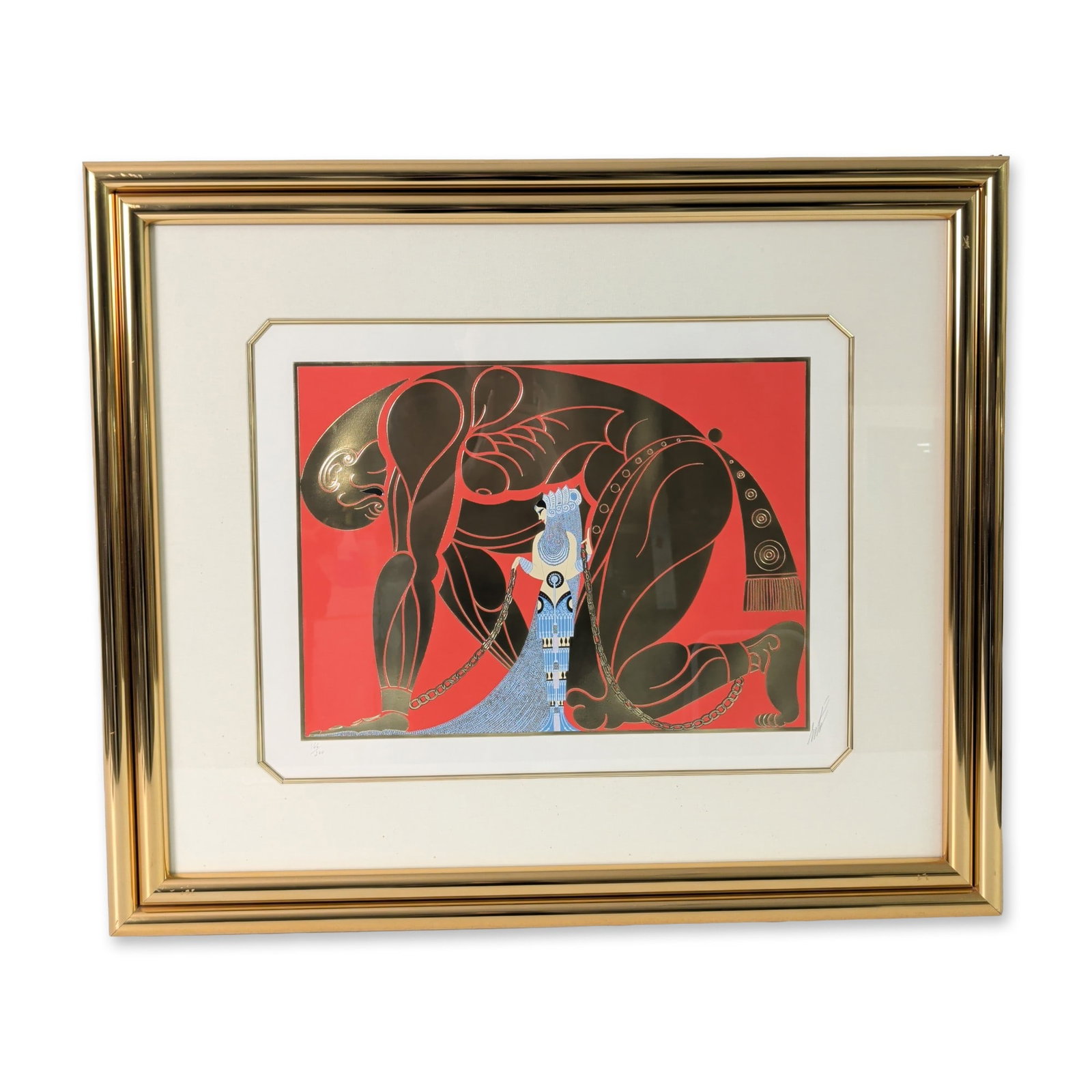 Erte (Romain de Tirtoff, 1892-1990), Embossed serigraph, Samson and Delilah, Signed & Numbered: Romain de Tirtoff (known as Erte) embossed serigraph with foil stamping on paper, titled Samson and Delilah, published in 1980. The composition features a central female figure in elaborate Art Deco a