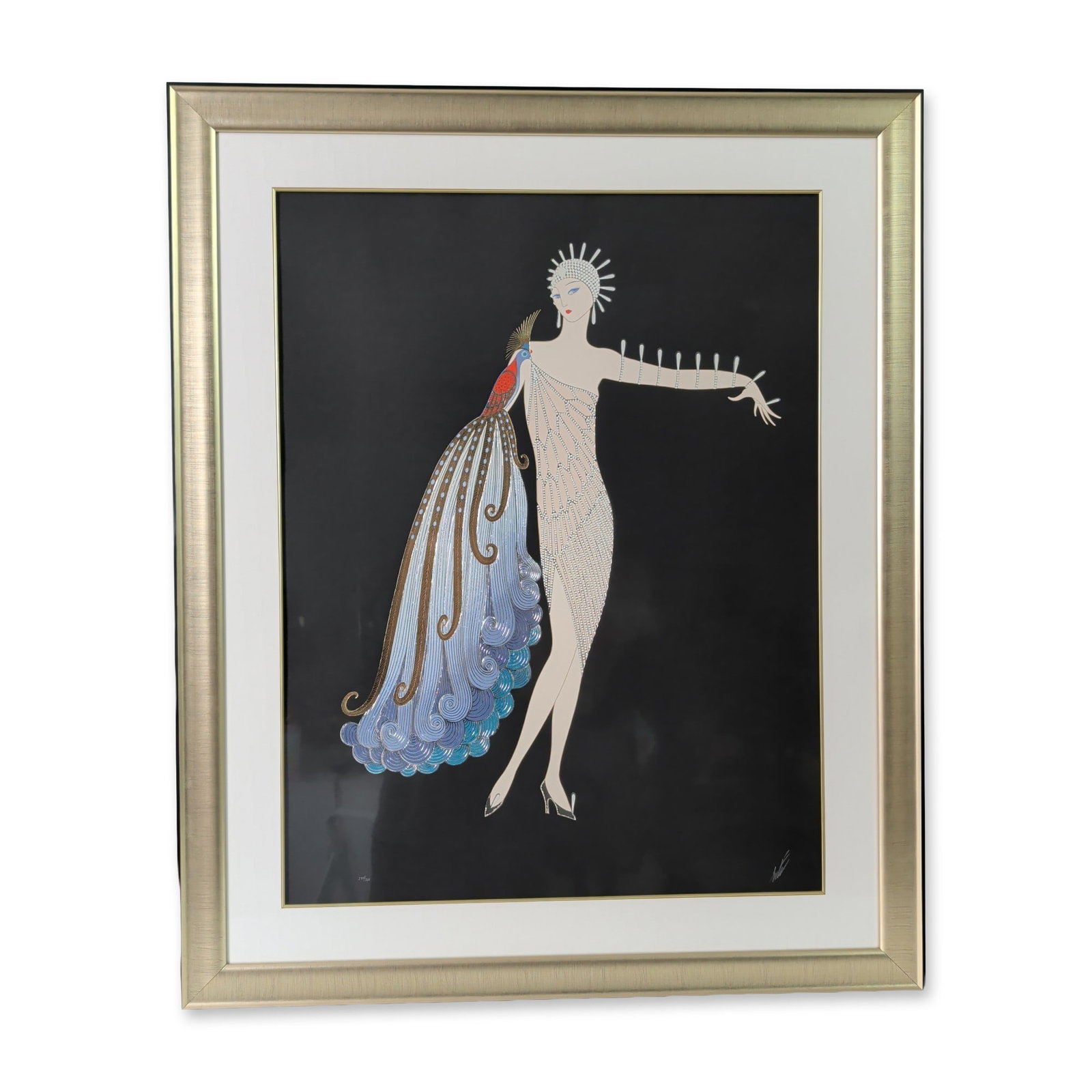 Erte (Russian/French, 1892-1990), Embossed Serigraph on Paper, Diva I, Signed & Numbered: Erte (Romain de Tirtoff, Russian/French, 1892-1990) embossed serigraph with metallic foil stamping on black paper titled Diva I. The composition features a stylized Art Deco figure in a beaded gown ac