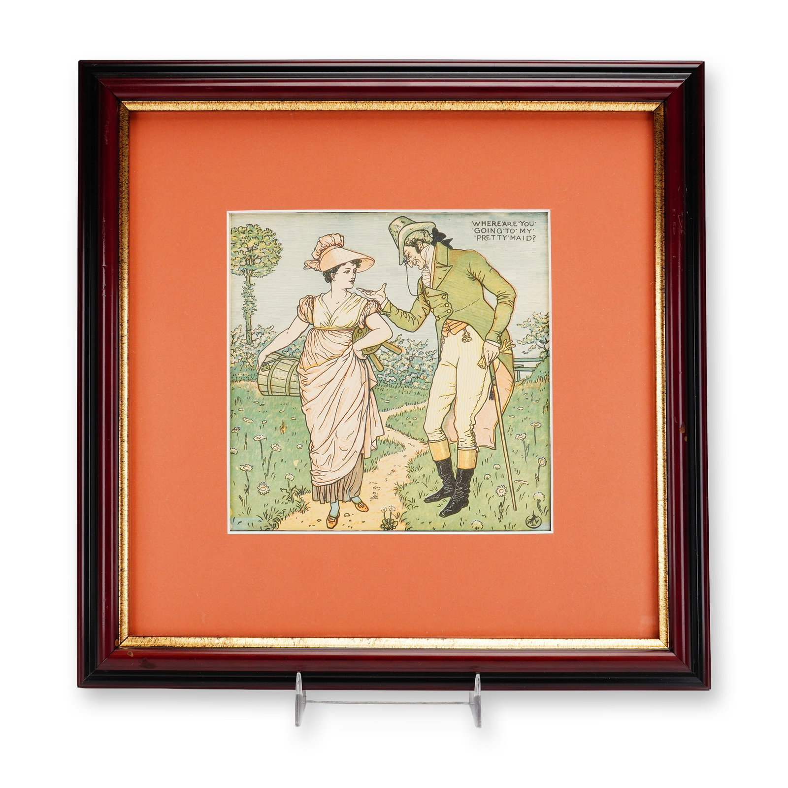 Walter Crane Framed Colored Wood Engraved Print, Pretty Maid: After Pablo Picasso (Spanish, 1881-1973) estate edition lithograph on paper titled Femme au chapeau jaune (Woman in a Yellow Hat), from the Collection Marina Picasso. The cubist portrait is rendered i