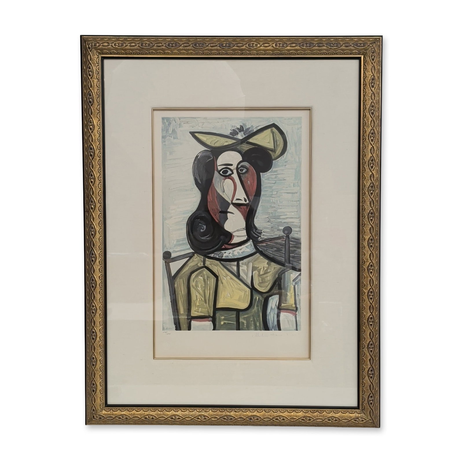 After Pablo Picasso (Spanish, 1881-1973), Estate Edition Lithograph on Paper, Femme au Chapeau Jaune: After Pablo Picasso (Spanish, 1881-1973) estate edition lithograph on paper titled Femme au chapeau jaune (Woman in a Yellow Hat), from the Collection Marina Picasso. The cubist portrait is rendered i