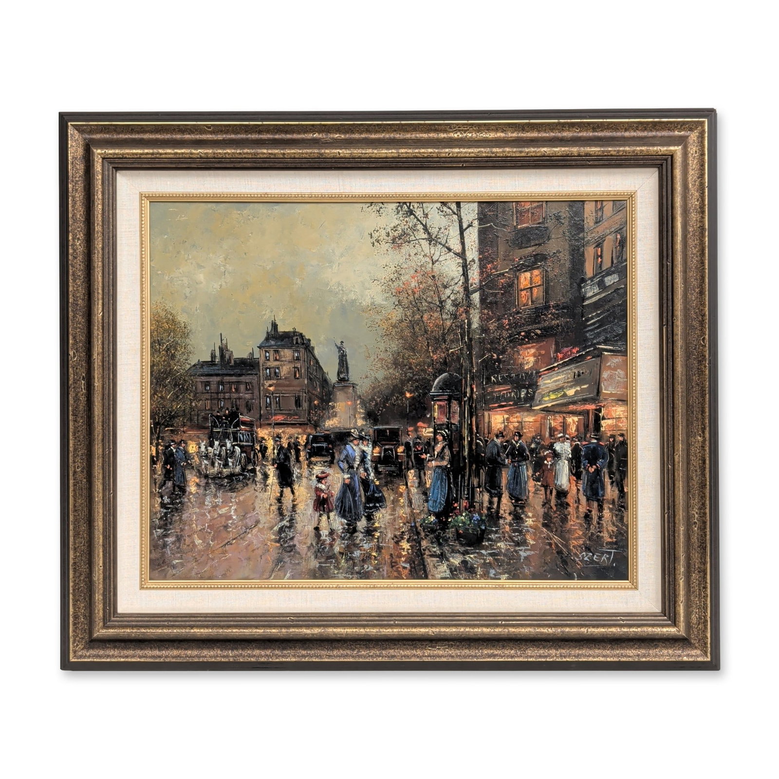 Karoly Szert (Hungarian b. 1955) Oil on Canvas, Parisian Street Scene, Signed: Karoly Szert (Hungarian b. 1955) Impressionist Parisian street scene in oil on canvas, depicting a twilight boulevard with figures in late 19th-century dress and horse-drawn carriages. The work is ren