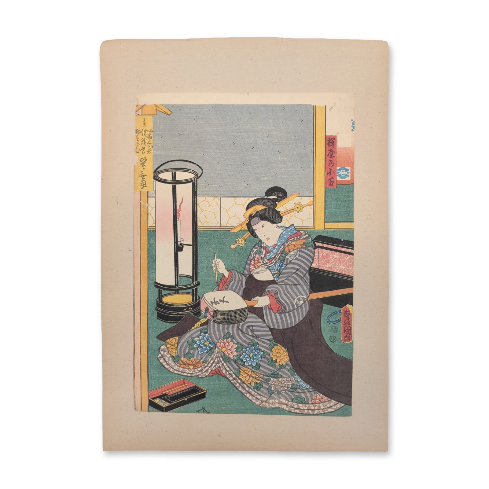 Utagawa Kunisada (Toyokuni III) (Japanese, 1786-1865) Woodcut on Paper from One Hundred Beauties of: Ando Cloisonne Company, Japan. Miniature ovoid vase in shotai-jippo, or plique-a-jour, enamel, Meiji to Taisho period. The vessel features a translucent celadon green ground decorated with polychrome 
