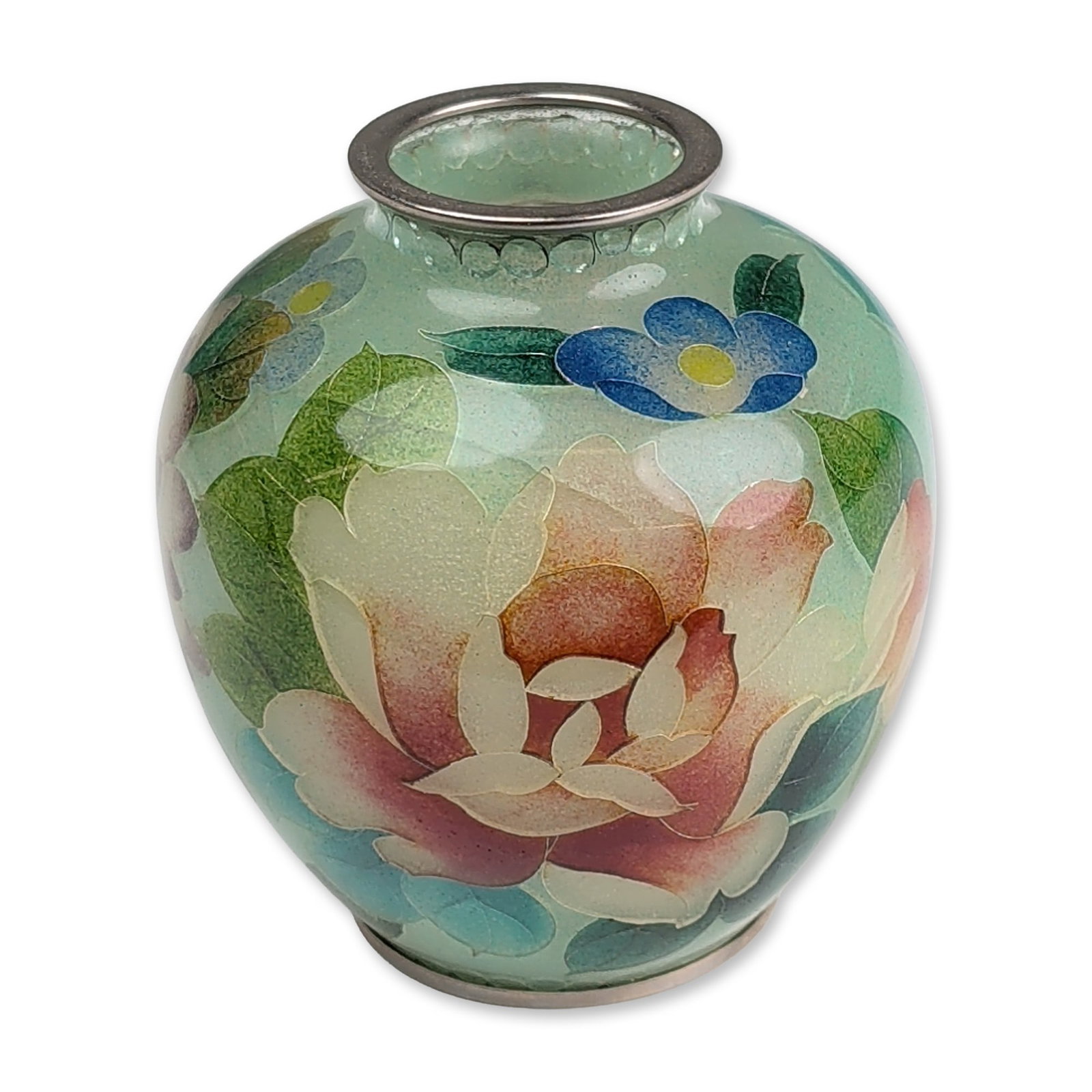 Ando Japanese Plique-a-jour Cloisonne Miniature Vase: Ando Cloisonne Company, Japan. Miniature ovoid vase in shotai-jippo, or plique-a-jour, enamel, Meiji to Taisho period. The vessel features a translucent celadon green ground decorated with polychrome 