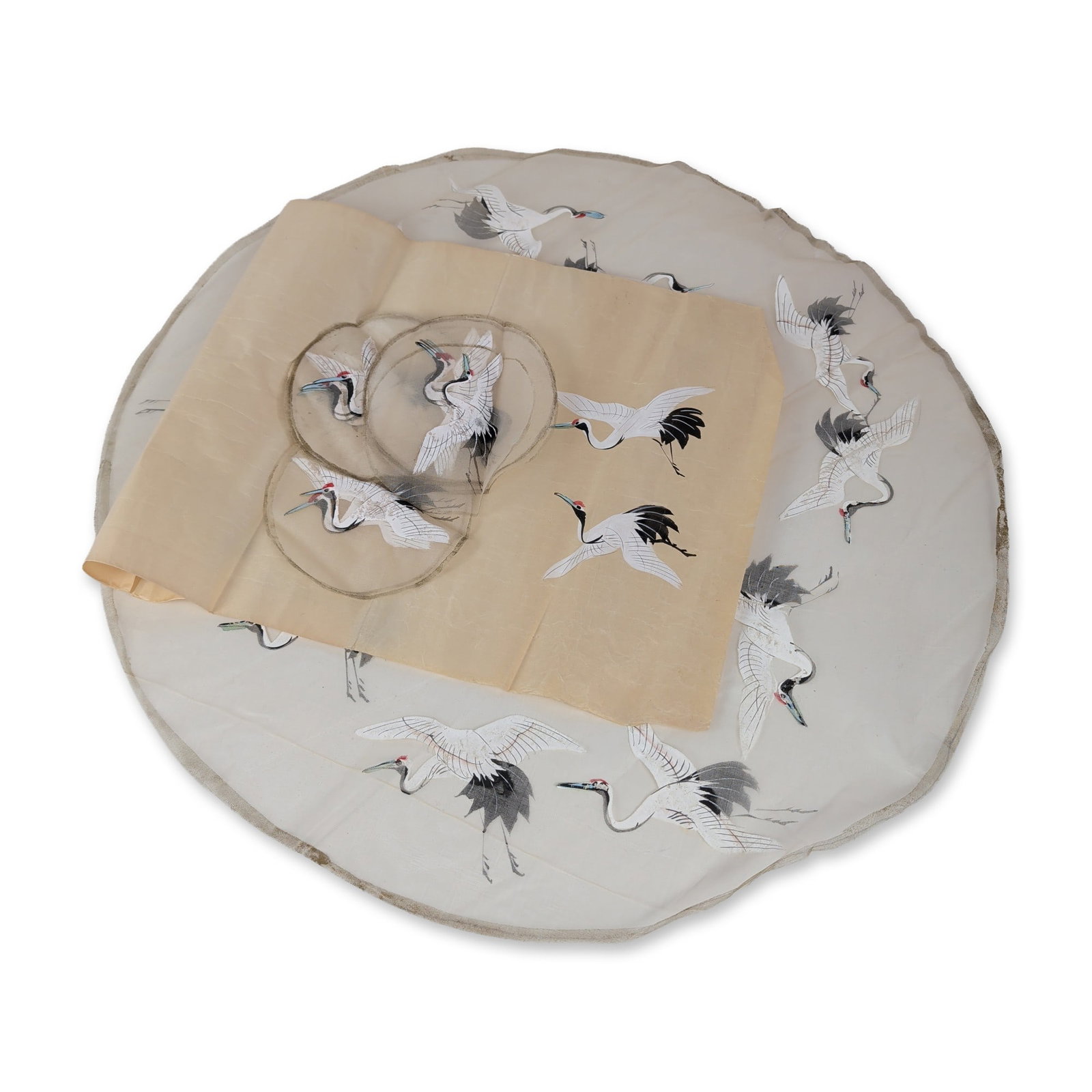 Japanese Meiji Period Painted Silk Crane Panels: Japanese commemorative folding fan, also known as a sensu or suehiro, produced for the Kodokan Judo Institute. The paper leaf features decoration including a red Daruma doll, stylized black calligraph