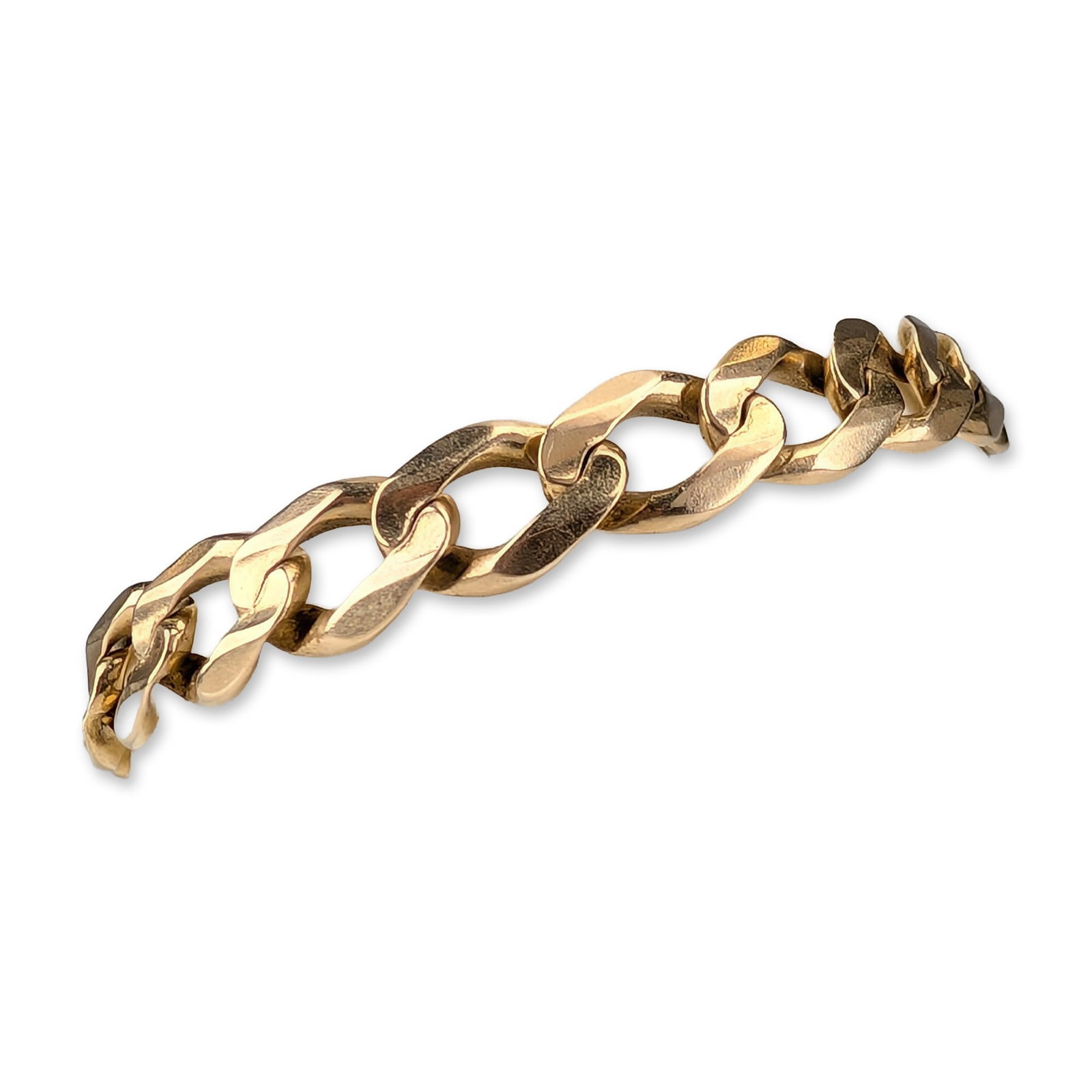 Italian 14K Yellow Gold Curb Link Bracelet: Freddy Maloney (Navajo), contemporary Southwestern cuff bracelet in sterling silver. The central setting features a polished ammonite fossil section bordered by multi-stone mosaic inlay including turq