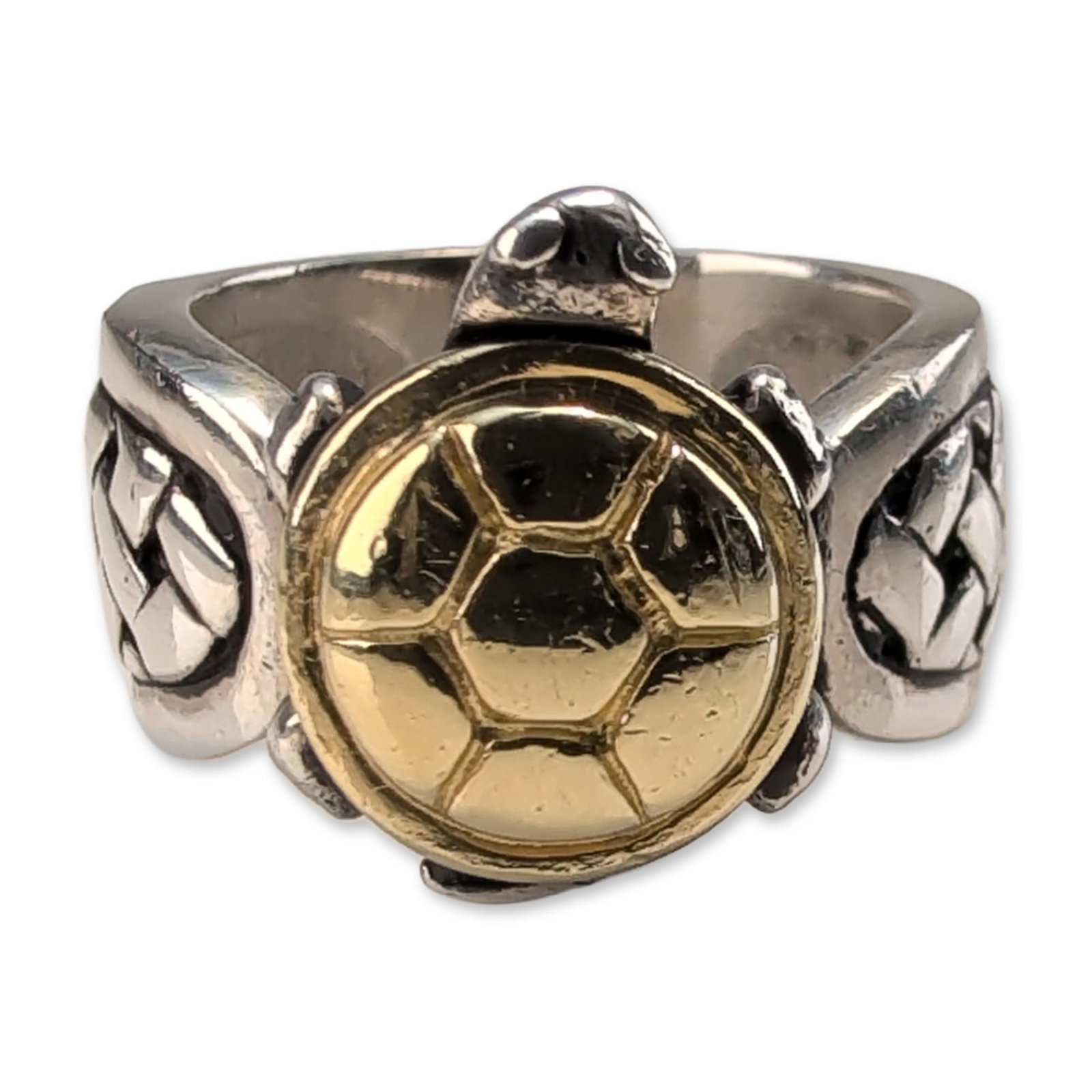 Saint by Sarah Jane 18K Gold and Sterling Silver Turtle Ring: Saint by Sarah Jane turtle motif ring, crafted in sterling silver and 18K yellow gold. The piece features a wide, tapered band with a raised, oxidized basketweave texture. A three-dimensional turtle i