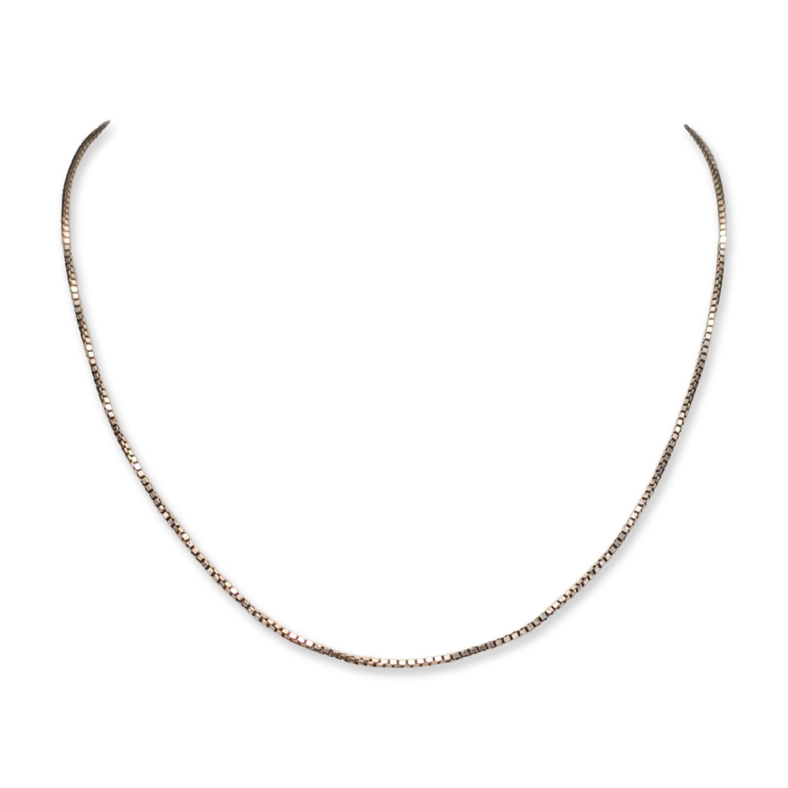 Italian Sterling Silver Box Chain Necklace: Italian sterling silver box chain necklace composed of square interlinking units. The piece features a spring ring clasp and an oval terminal link. The terminal link is stamped ITALY and 925.Length: 1