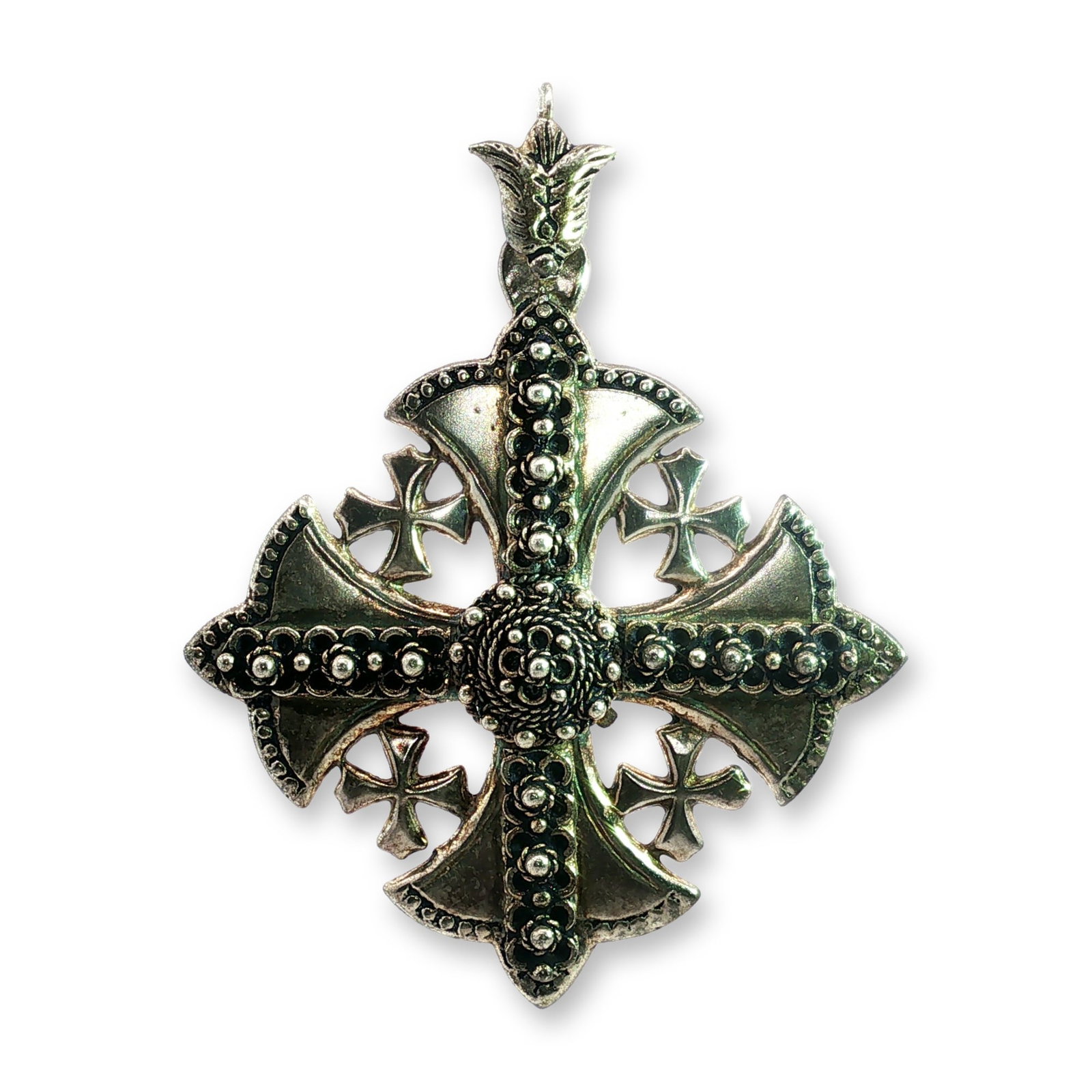 Jerusalem Sterling Silver Ornate Cross Pendant: Sterling silver pendant featuring a large central multi-faceted clear stone. The design incorporates three pieces of natural red branch coral at the top and eight turquoise cabochons in varying blue