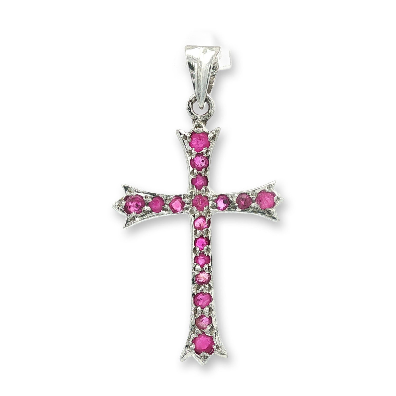 Ruby and Silver-Tone Cross Pendant: Southwestern style cross pendant in silver tone brass, featuring five pear-shaped turquoise cabochons with varying matrix patterns. The stones are set in serrated bezels accented with twisted rope wir