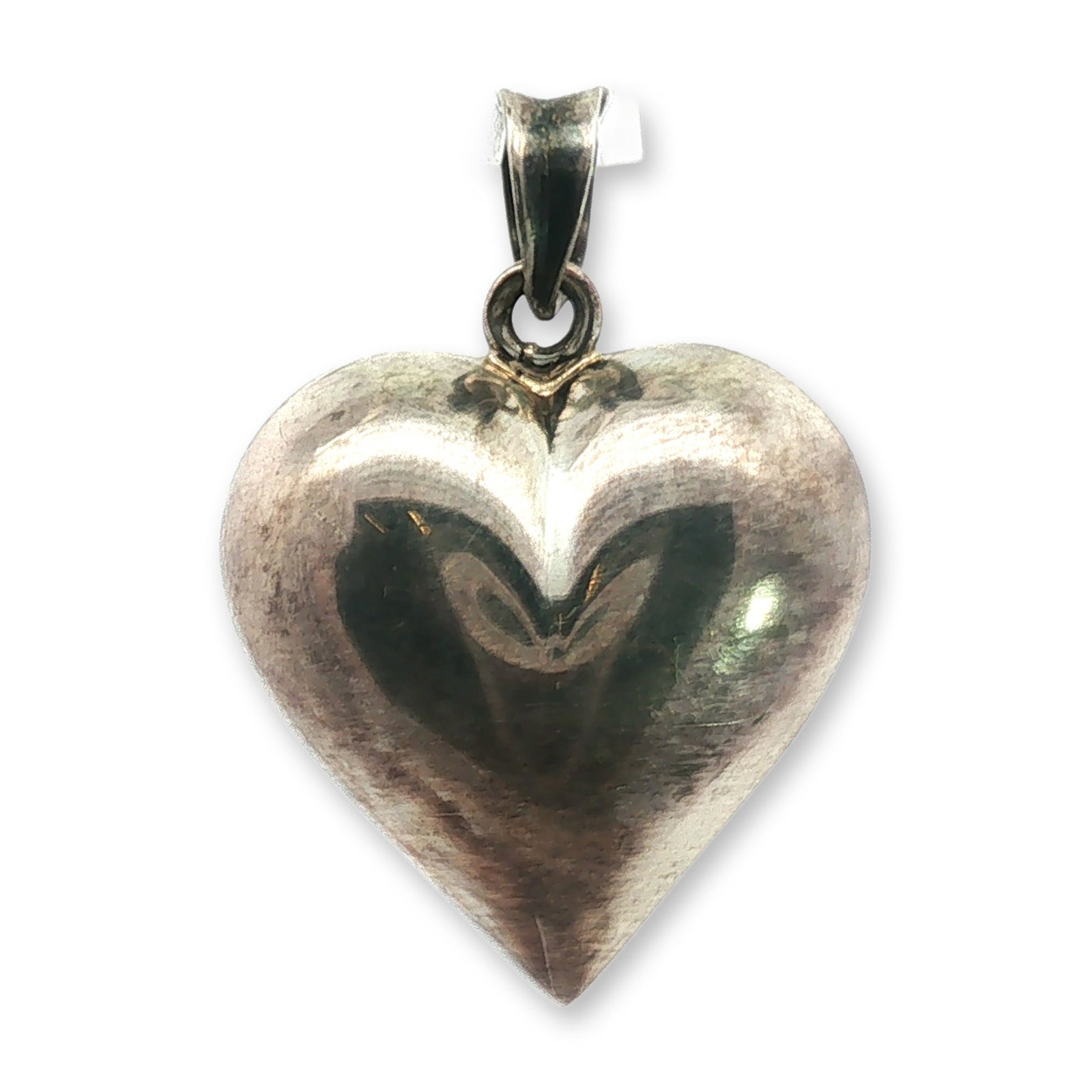 Vintage Sterling Silver Puffed Heart Pendant: Yellow gold cluster pendant featuring a central oval cabochon white opal. The opal is set within a sunburst halo of fourteen round brilliant-cut diamonds. The central stone exhibits a translucent