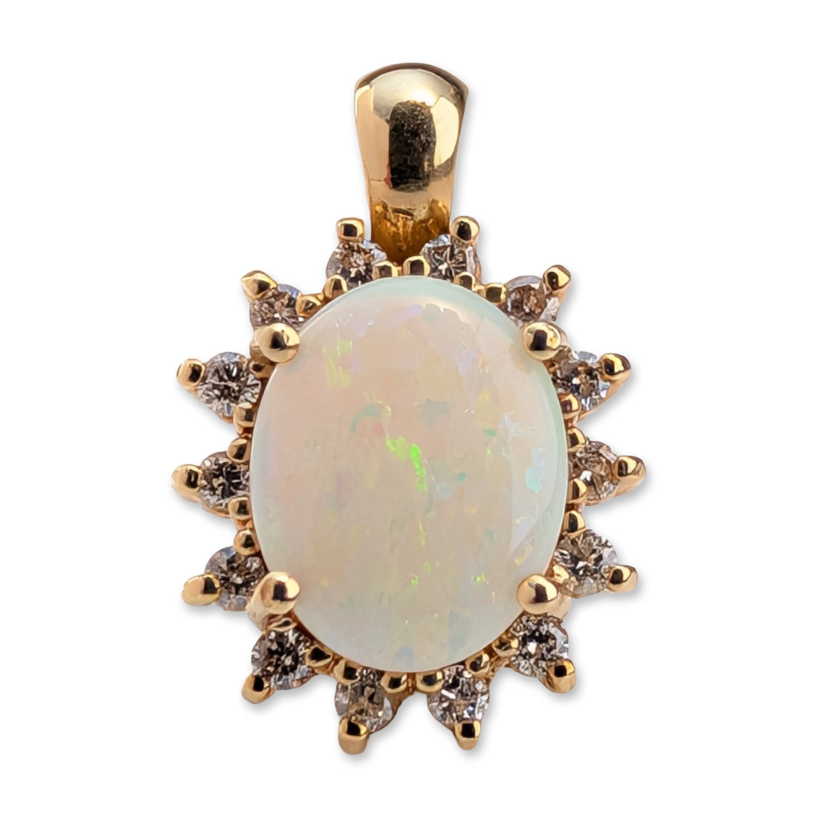 14K Yellow Gold Opal and Diamond Cluster Pendant: Michael Good pair of sculptural spiral earrings in 18 karat yellow gold, featuring a three-dimensional double-loop design. The pieces are formed using an anticlastic raising technique with integrated 