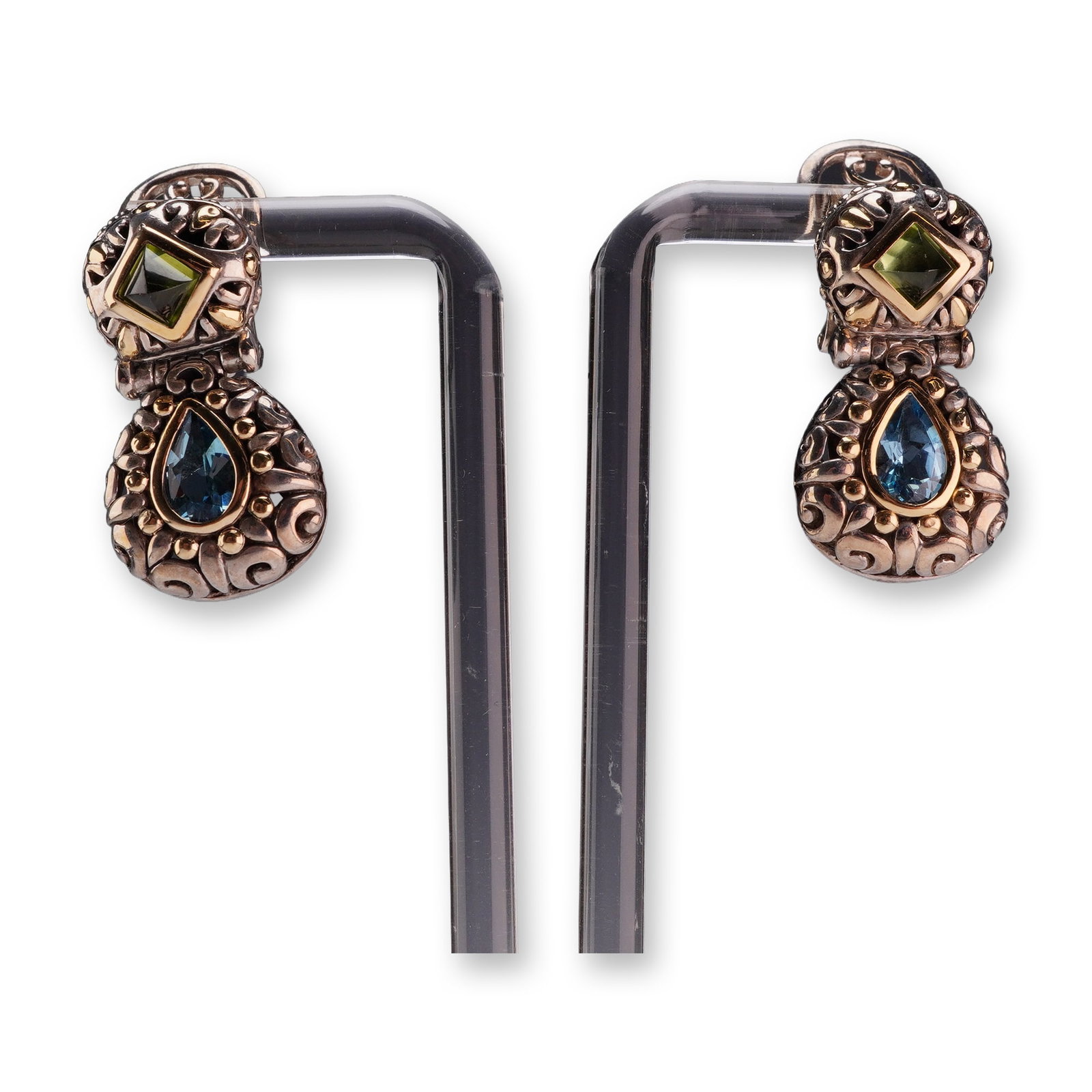 Pair of John Hardy Sterling Silver and 18K Gold Gemstone Drop Earrings: A matched pair of John Hardy two-part articulated drop earrings featuring intricate scrollwork and granulation. The earrings are constructed from sterling silver and accented with 18K yellow gold. Eac