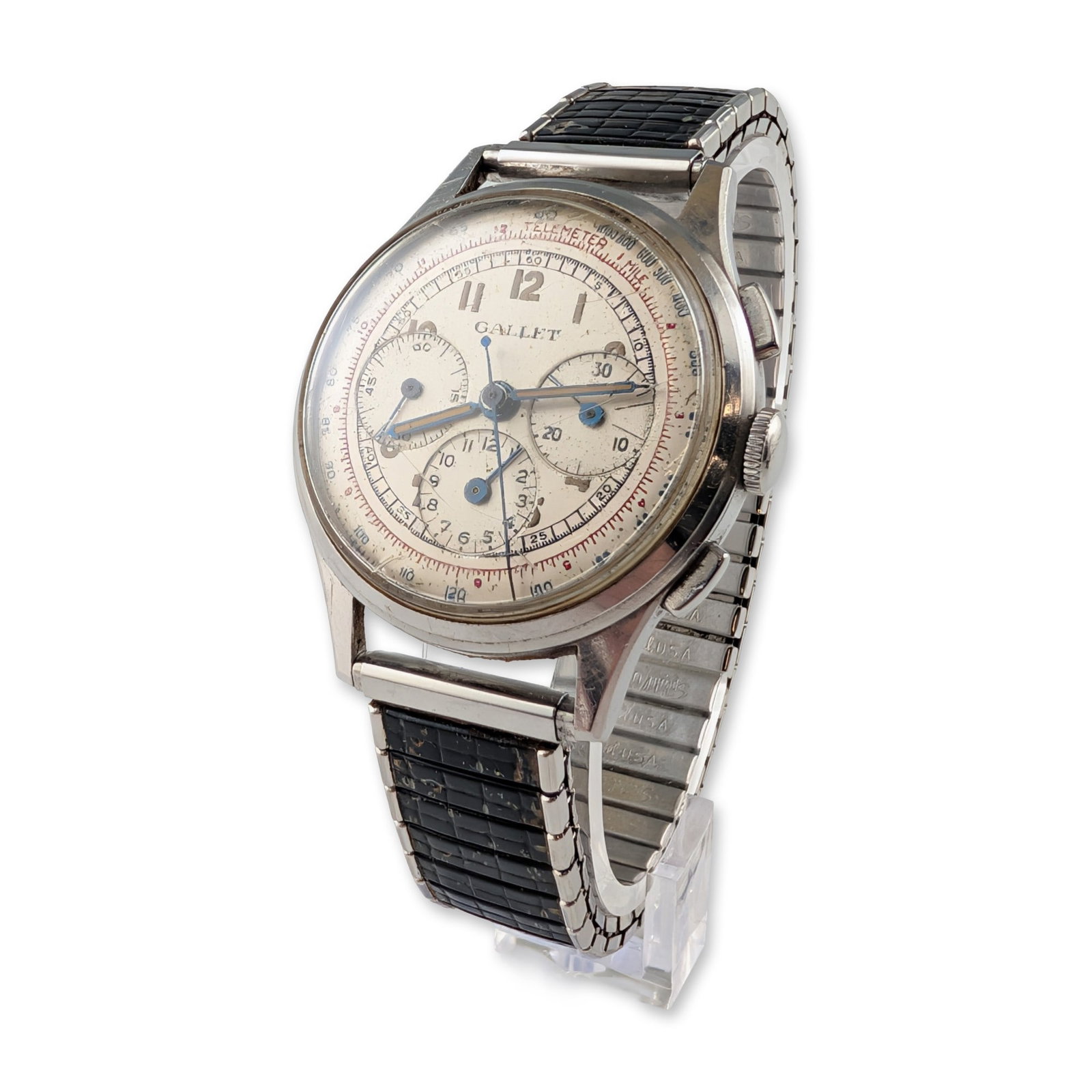 Gallet MultiChron 12 Stainless Steel Chronograph: Vintage Gallet MultiChron 12 manual-wind chronograph wristwatch with a stainless-steel case and a triple-register dial layout. The silvered cream dial features Arabic numerals, a 12-hour counter at th