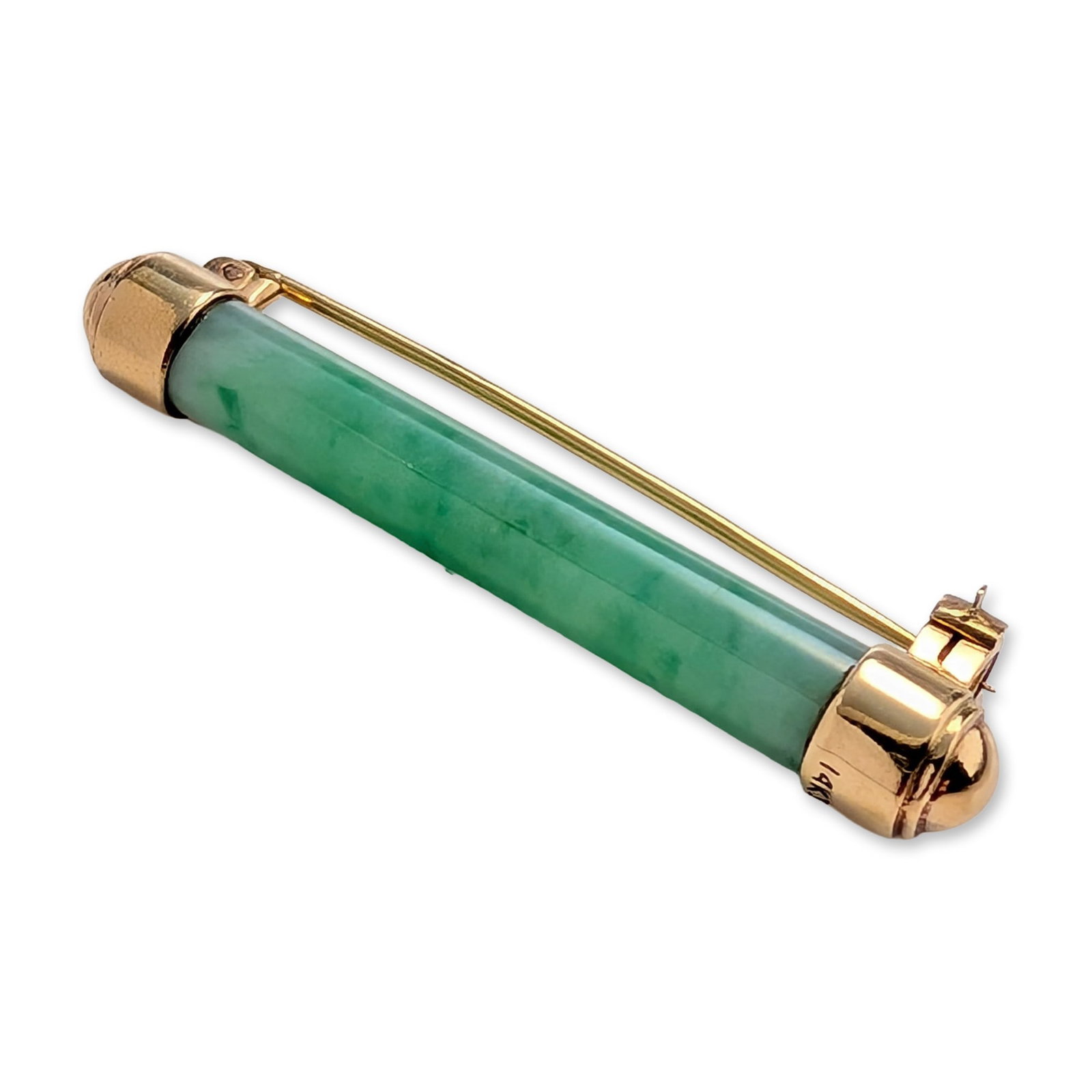 14K Yellow Gold and Jade Bar Brooch: Japanese Showa era jewelry set featuring traditional Noh theater mask motifs. The group includes a porcelain tie tack, possibly by Toshikane, depicting a Ko-omote mask with a white glazed surface and 