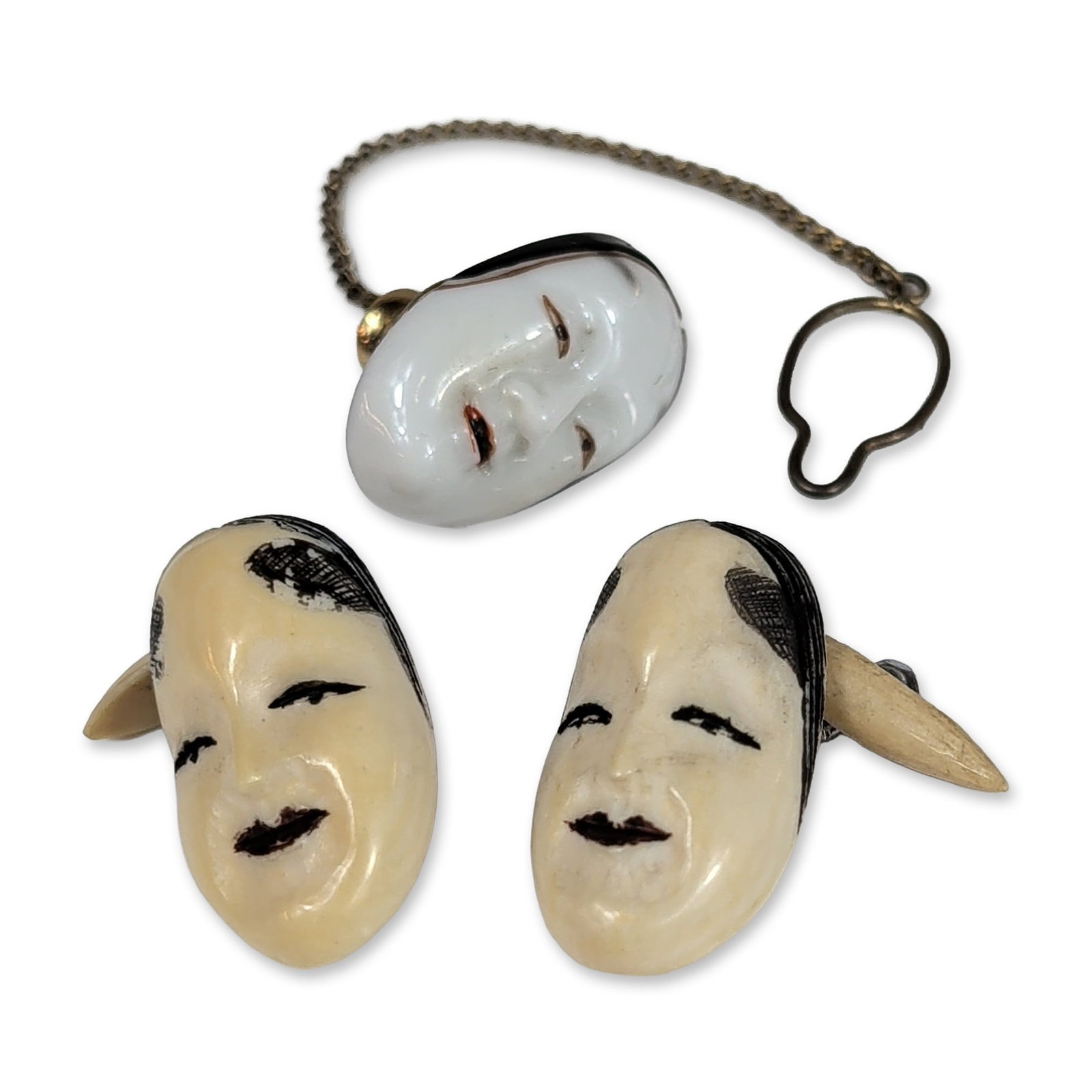 3pc Japanese Noh Mask Jewelry Pieces: An assortment of cultured and freshwater pearl jewelry. The collection features an opera necklace of round to near-round cultured pearls with rose overtones, joined by a rectangular silver-tone filigr