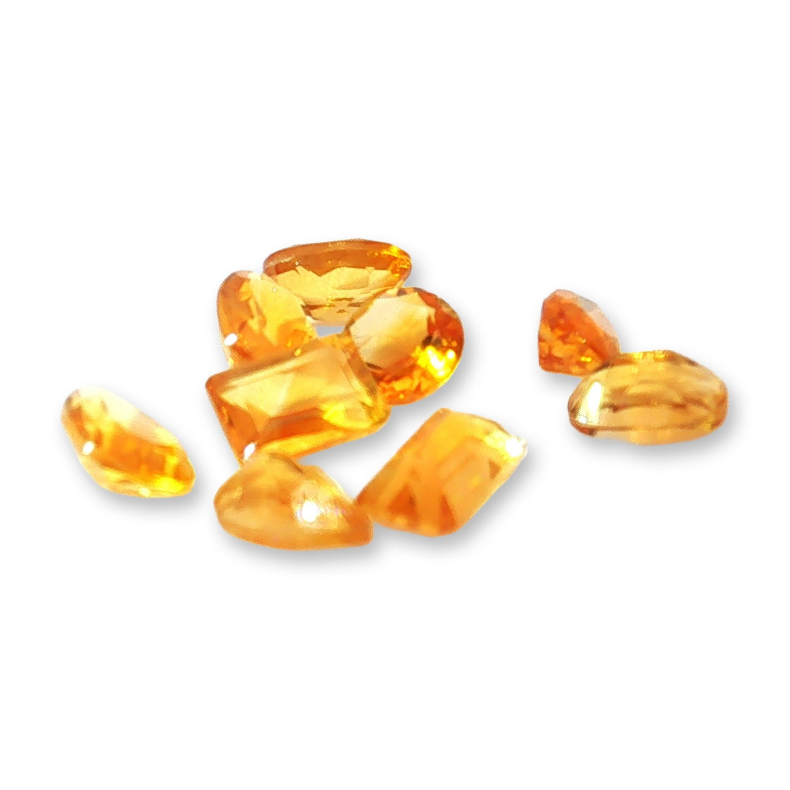 9pc Citrine Gemstones in Various Shapes: Round brilliant cut loose diamond featuring a deep teal blue color. The gemstone displays transparent clarity with visible internal characteristics. .3ct Dimensions: 4.1W MM