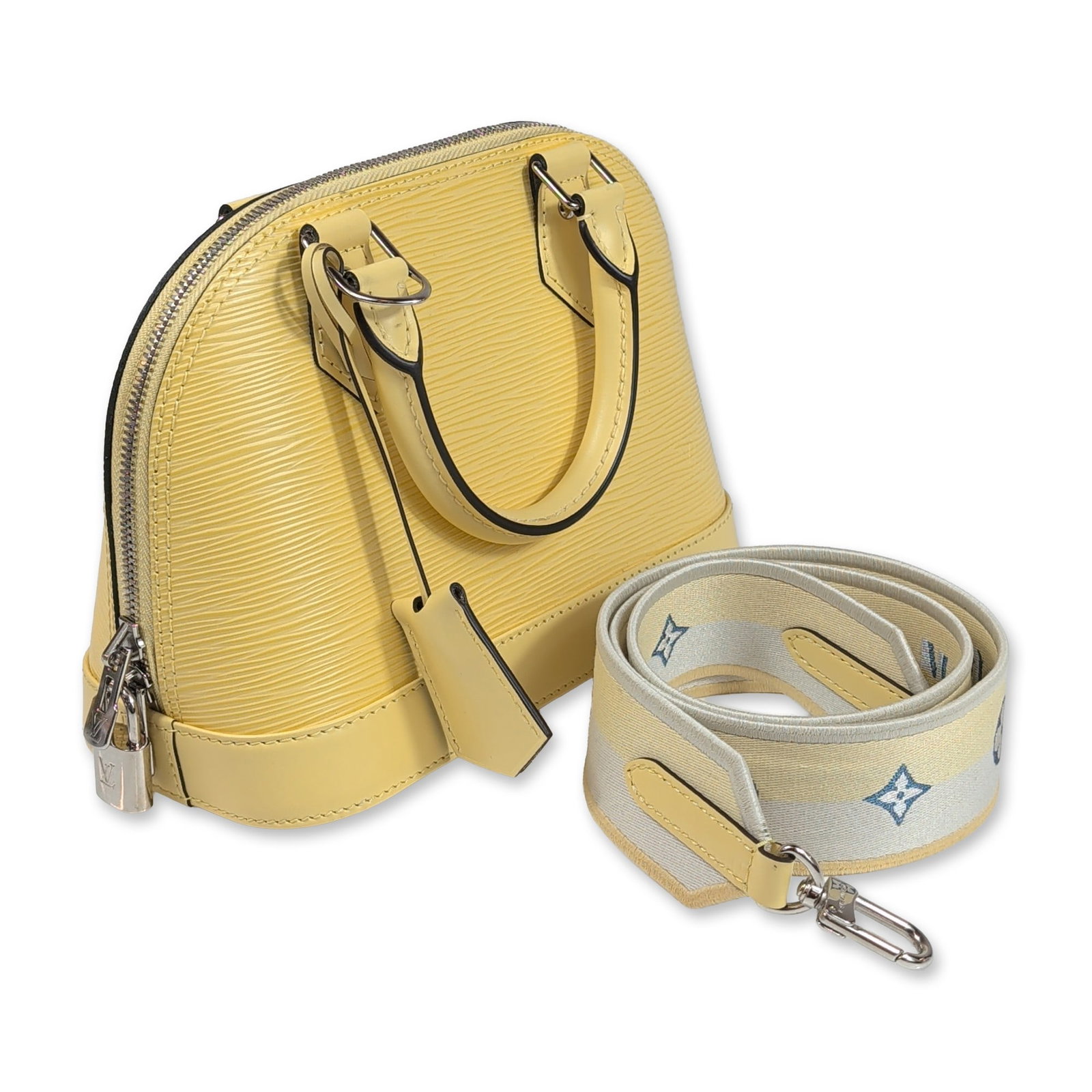 Louis Vuitton Alma BB Epi Leather Handbag: Louis Vuitton Alma BB handbag in Piment orange Epi leather, featuring a structured domed silhouette with silver-tone hardware. The exterior includes two rolled leather top handles, an embossed LV logo