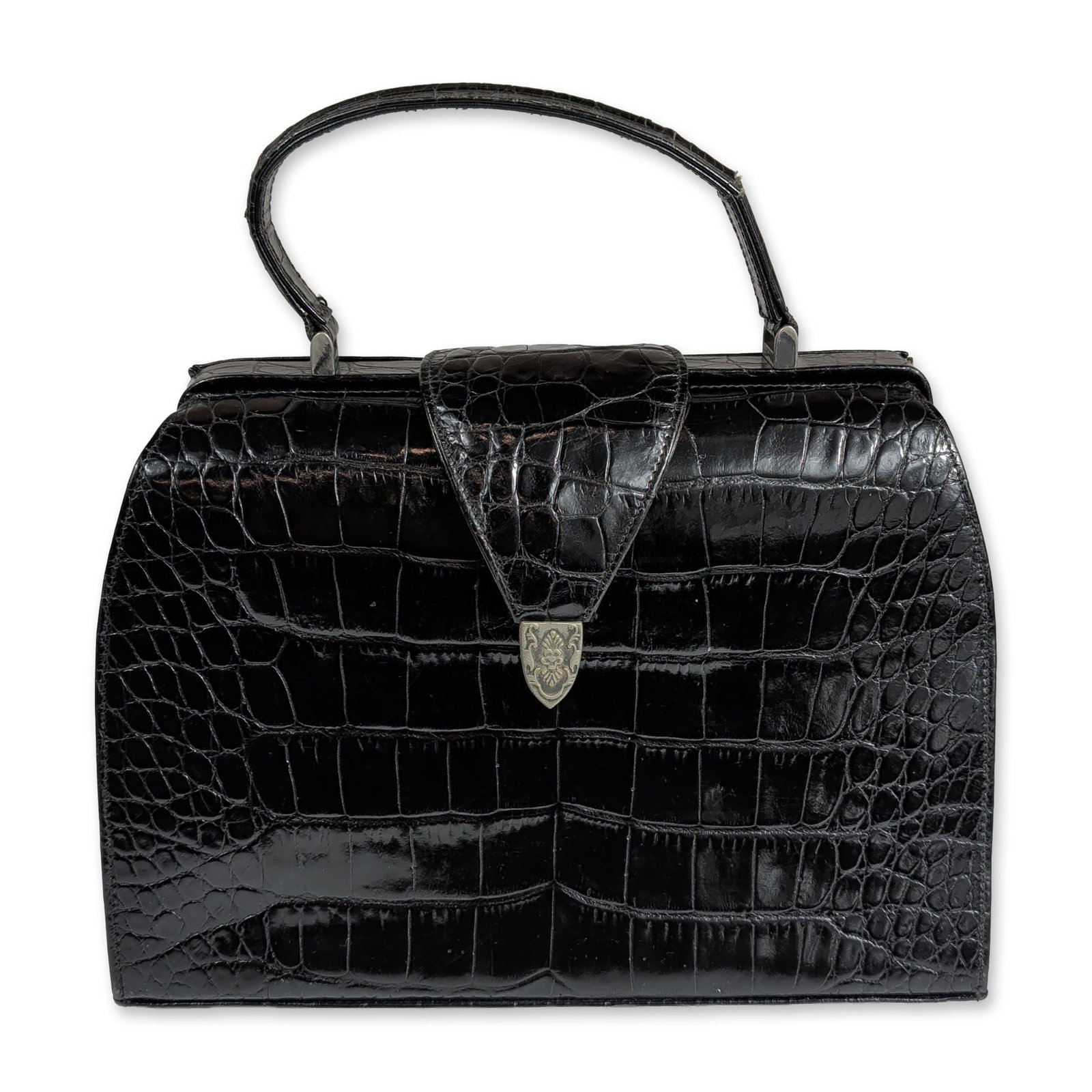 Henri Bendel Leather Vintage Handle Bag: Vintage Henri Bendel structured top-handle frame bag in black exotic crocodilian skin with a high-gloss finish. The design features a single top handle and a fold-over closure flap accented by a silve