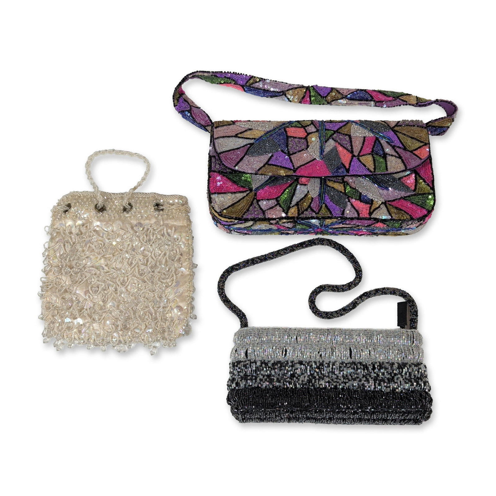 Group of Three Beaded and Sequined Evening Bags: A collection of three vintage style evening bags featuring intricate beadwork and sequin embellishments. The first is a Pierre Urbach by Santi rectangular shoulder bag with a multicolored geometric pa